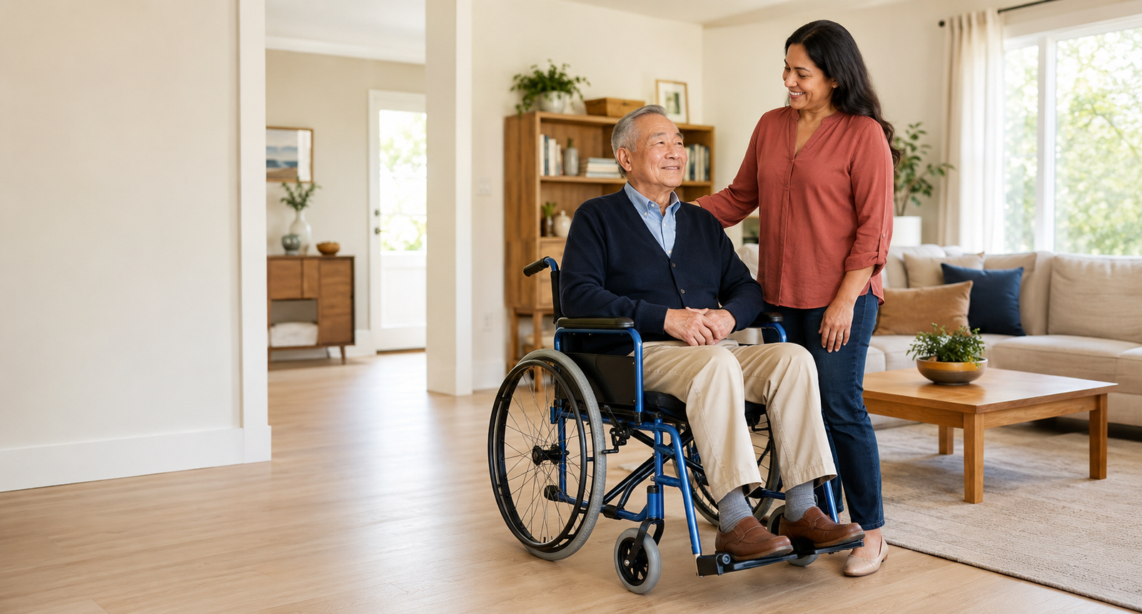 Older man using a blue manual wheelchair with an adult family member in an accessible living room