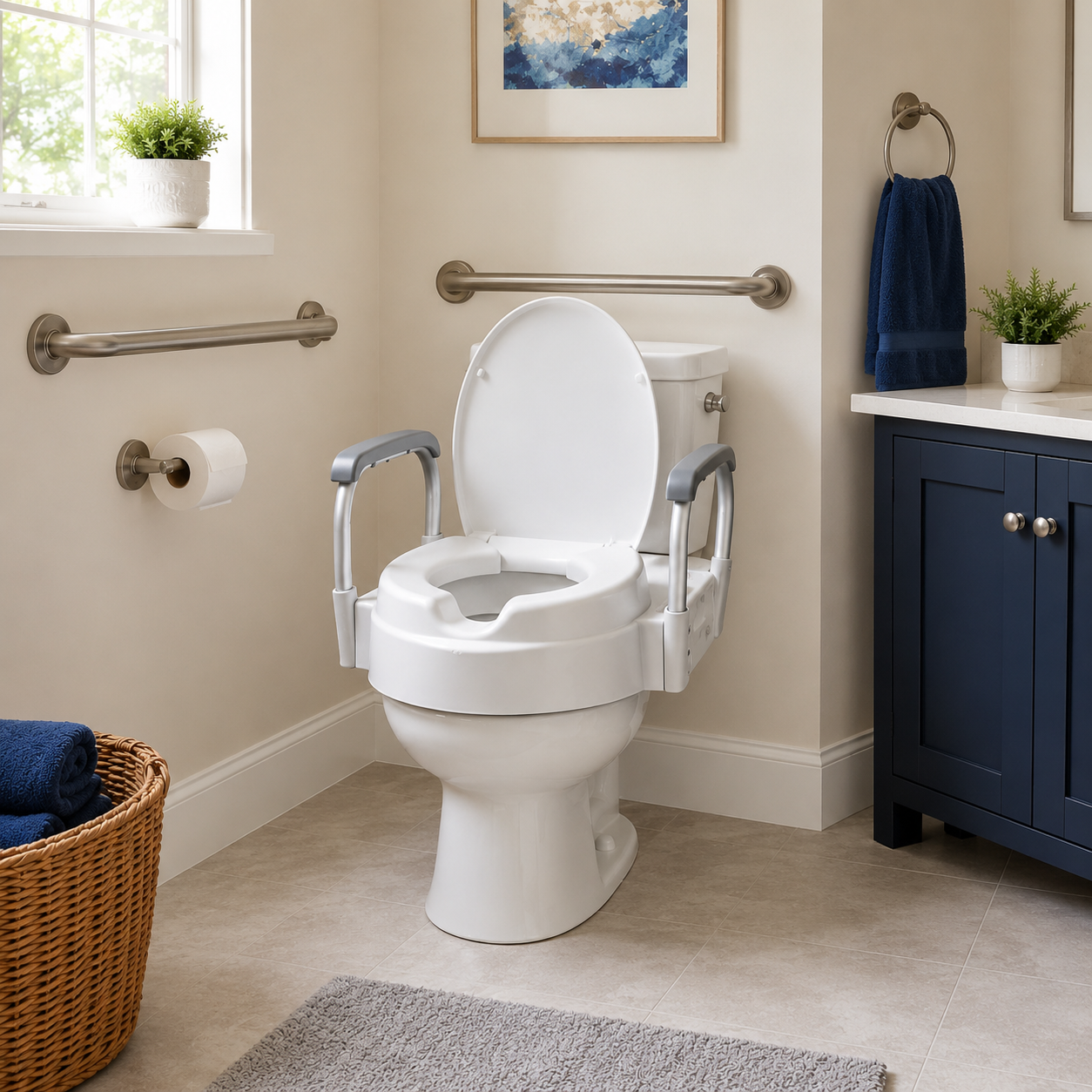 Raised toilet seat featuring padded side arms