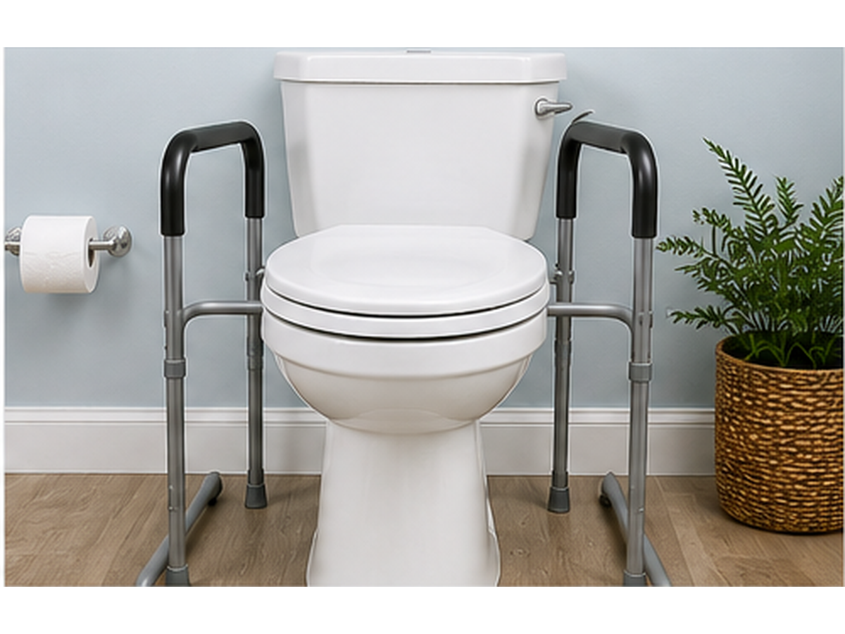 Freestanding toilet safety rails frame positioned around a toilet