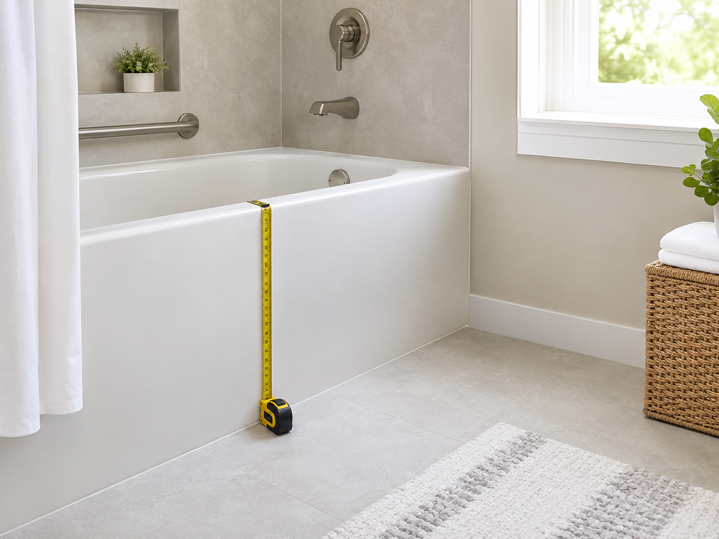 Bathtub with yellow tape measure showing height measurement