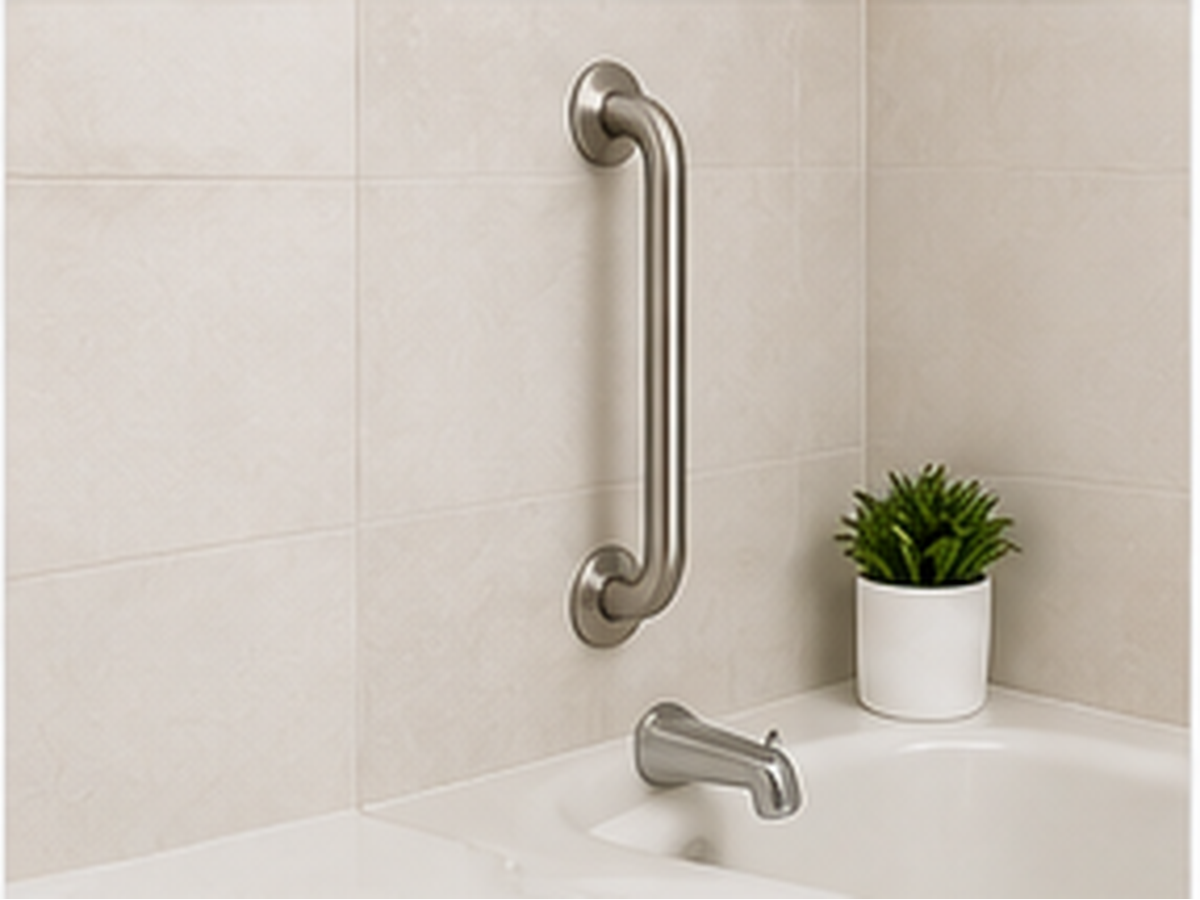 Vertical grab bar mounted near a bathtub