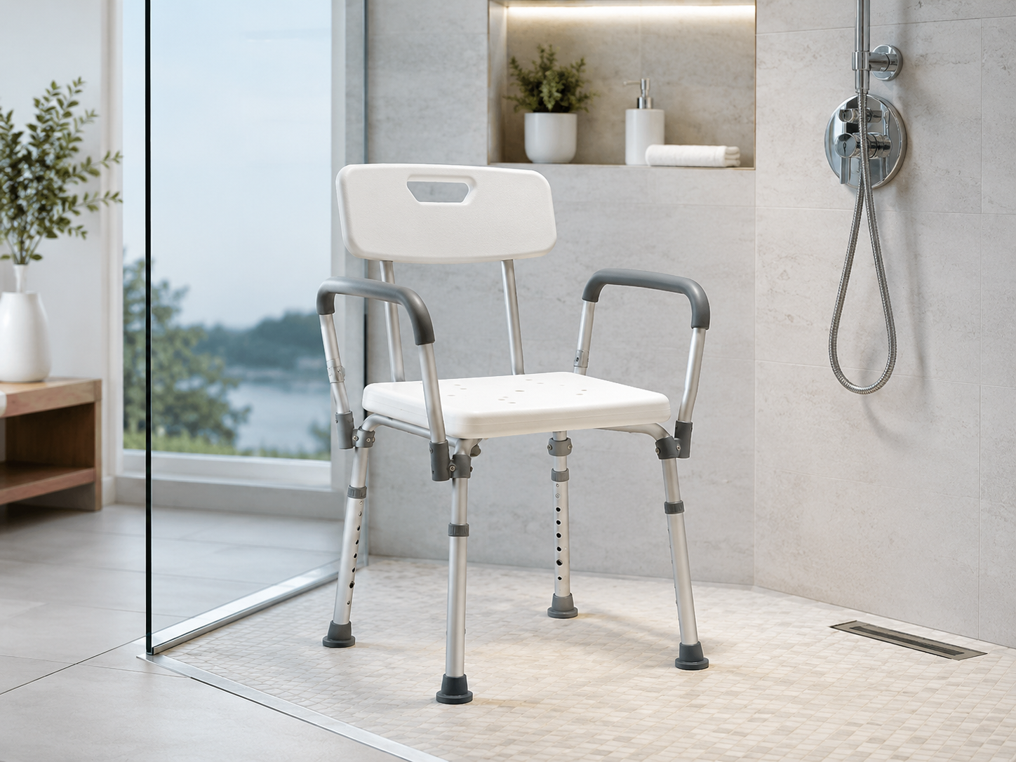 Standard shower chair with backrest and armrests