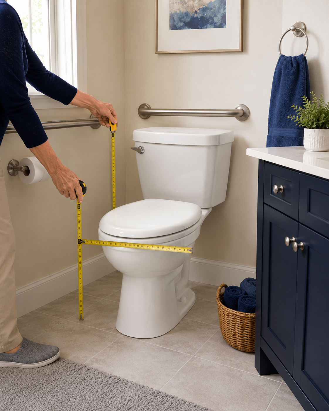 A person's hands using a yellow measuring tape to measure the length of a white toilet bowl