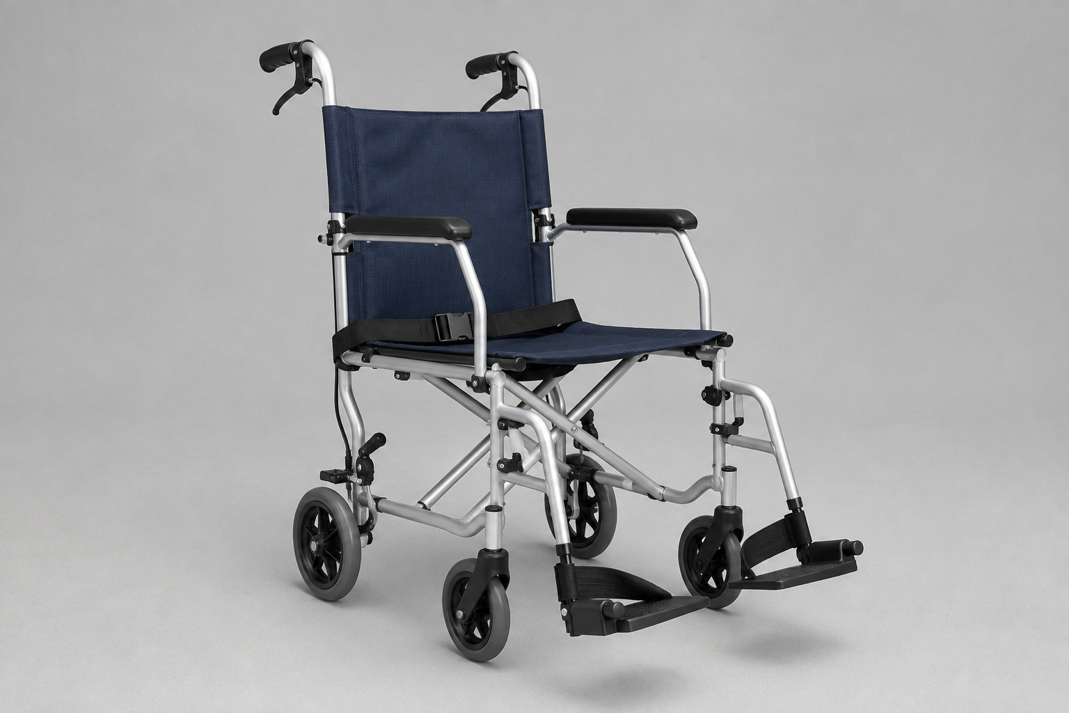 Empty lightweight transport wheelchair with four small wheels
