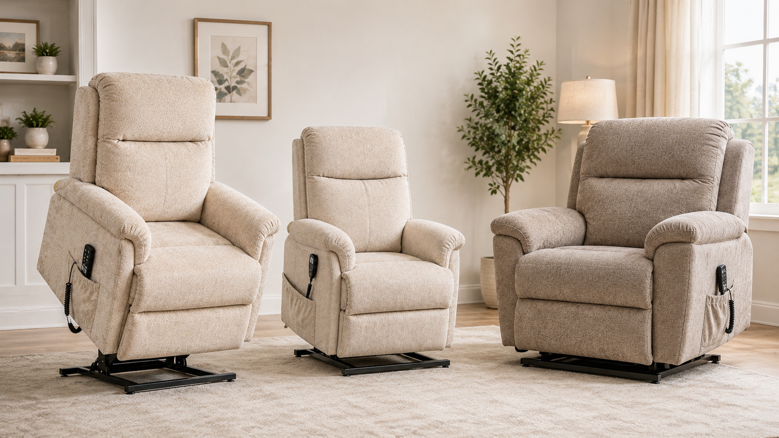 Three lift chairs: beige lifted, brown upright, gray reclined in bright living room