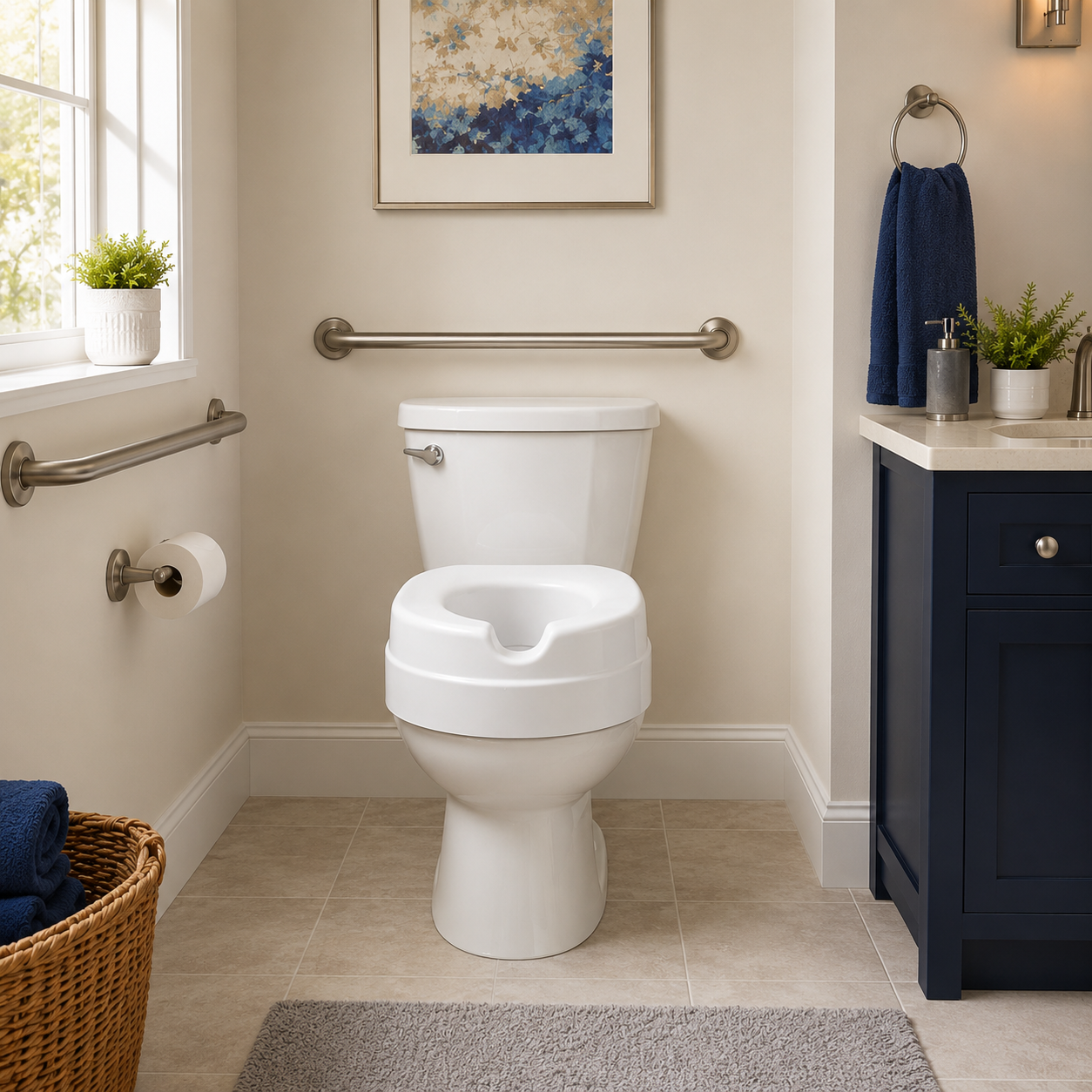 Standard white raised toilet seat sitting on a toilet bowl