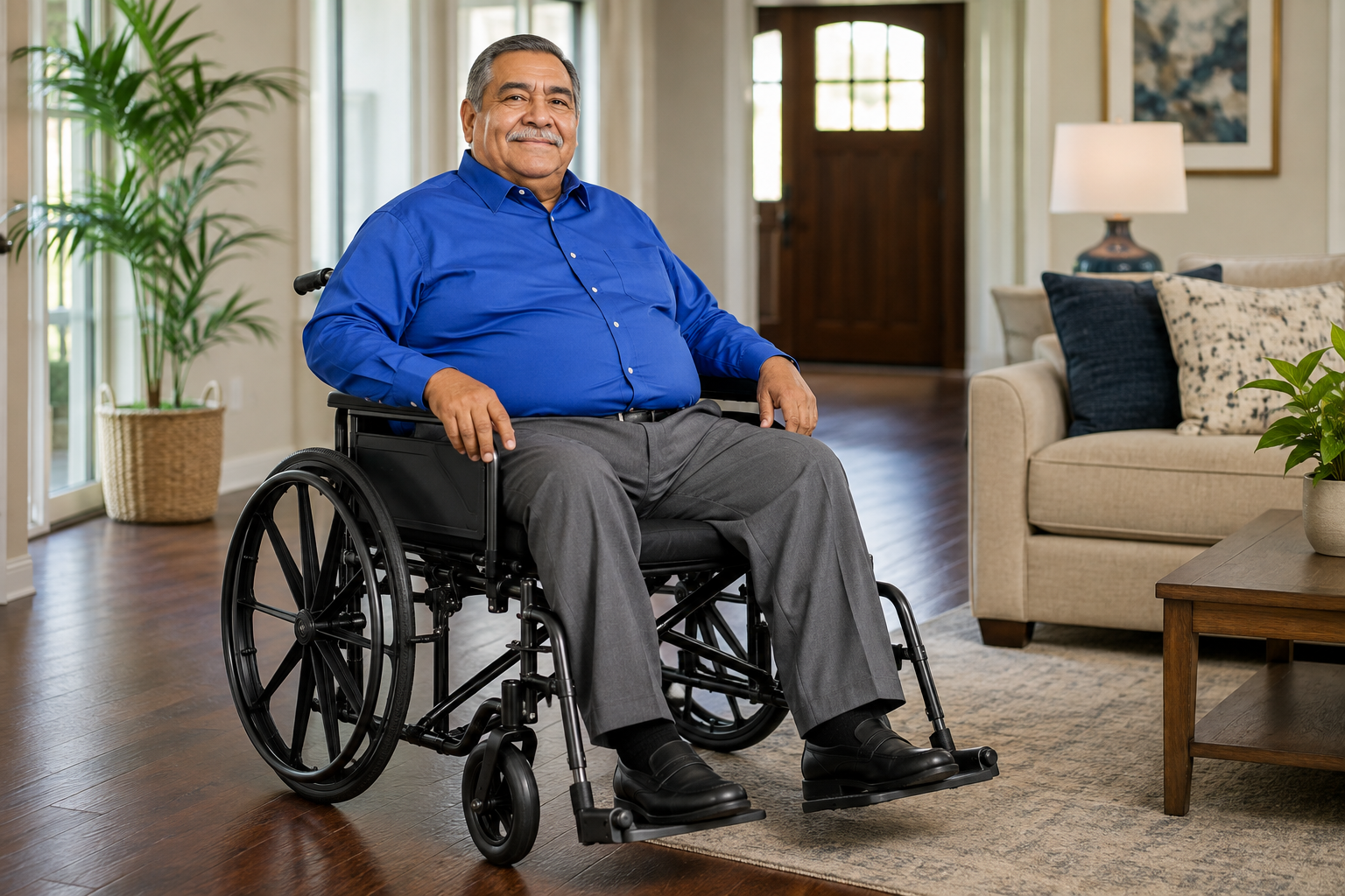 Larger older man seated in a wide heavy-duty manual wheelchair