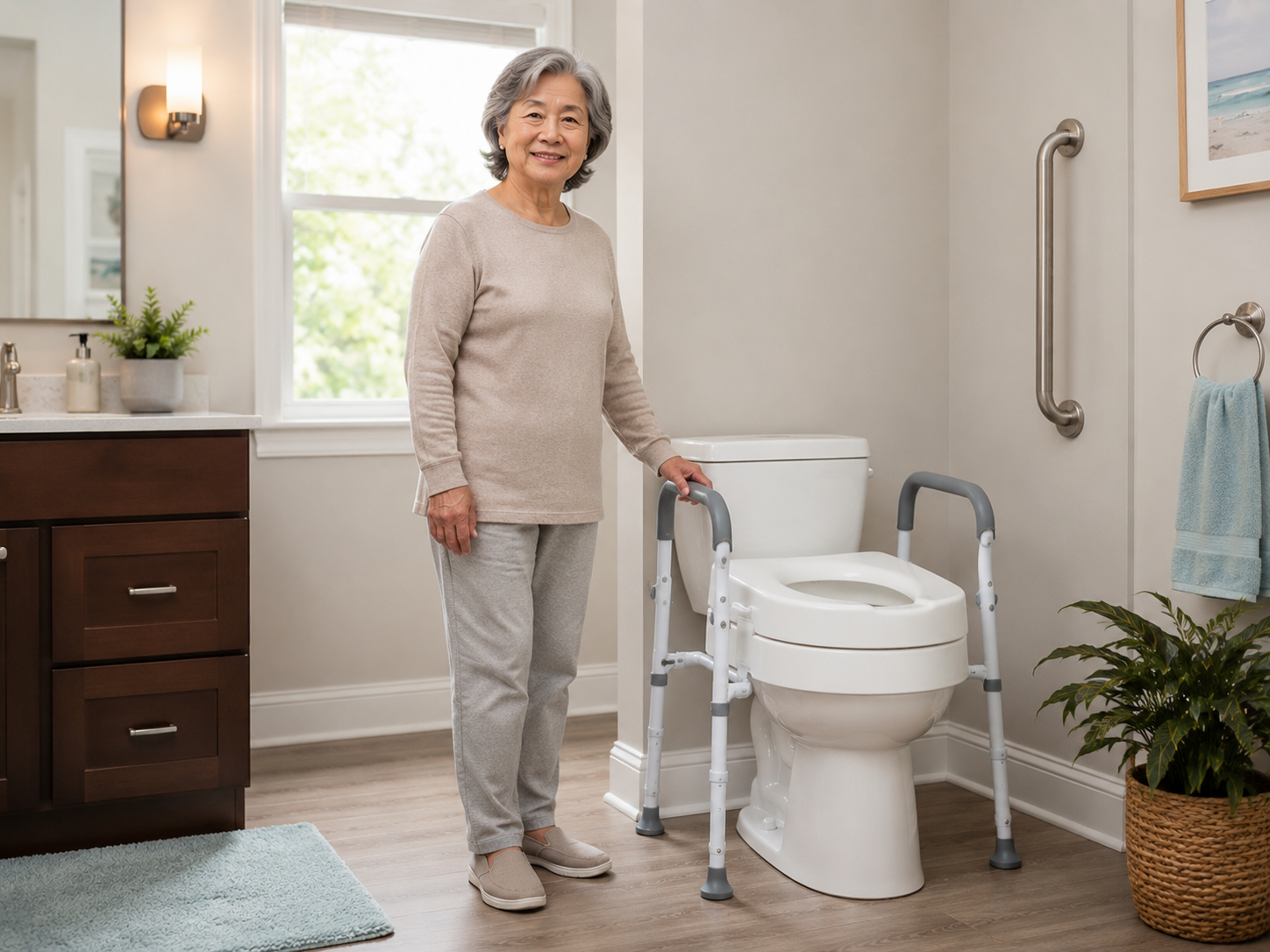 Older Asian woman in beige shirt standing beside a white toilet with raised seat and safety frame, smiling at camera, bathroom with grab bars and plants visible