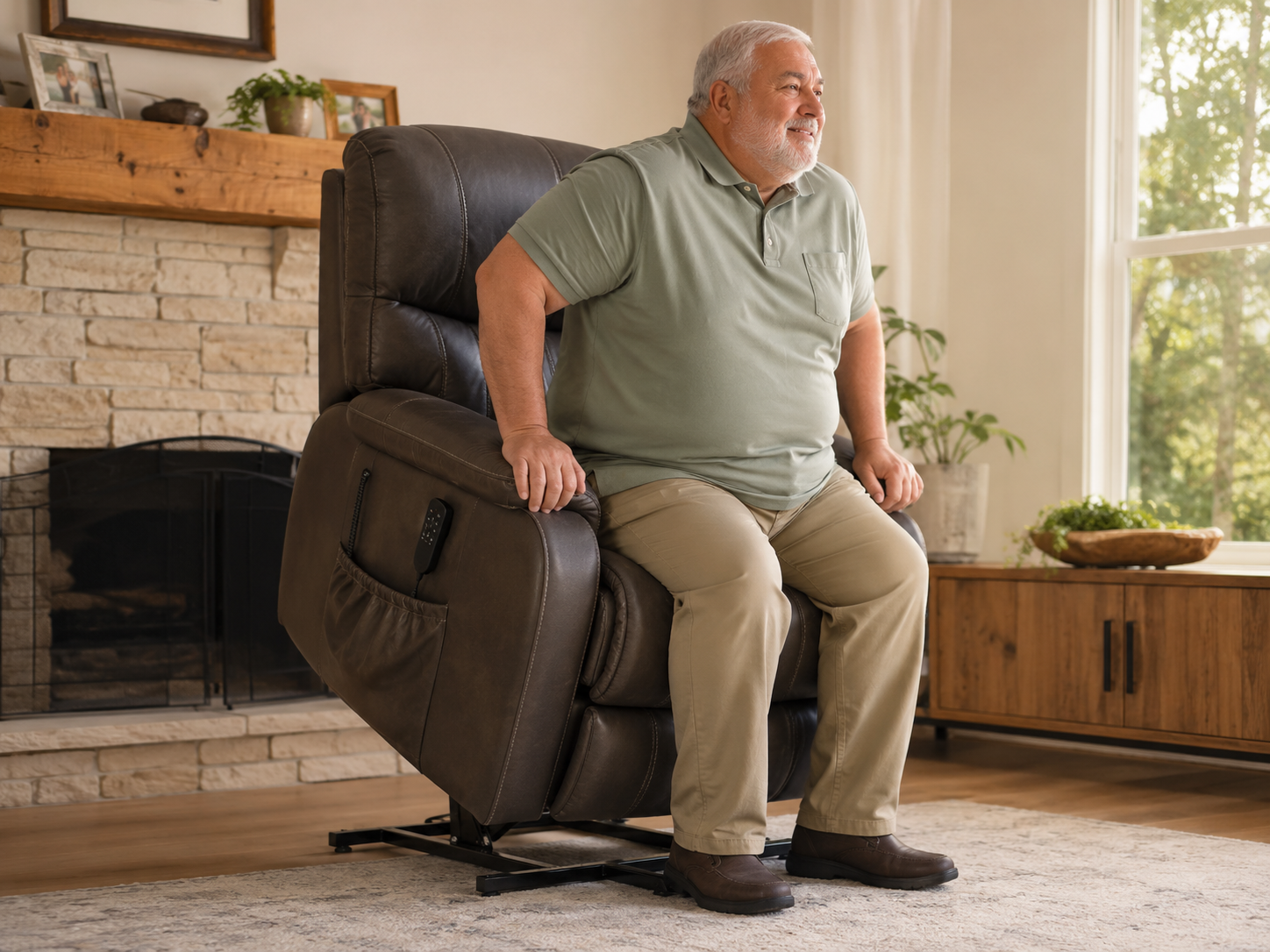 Man seated in heavy-duty lift chair demonstrating lifting mechanism and remote control