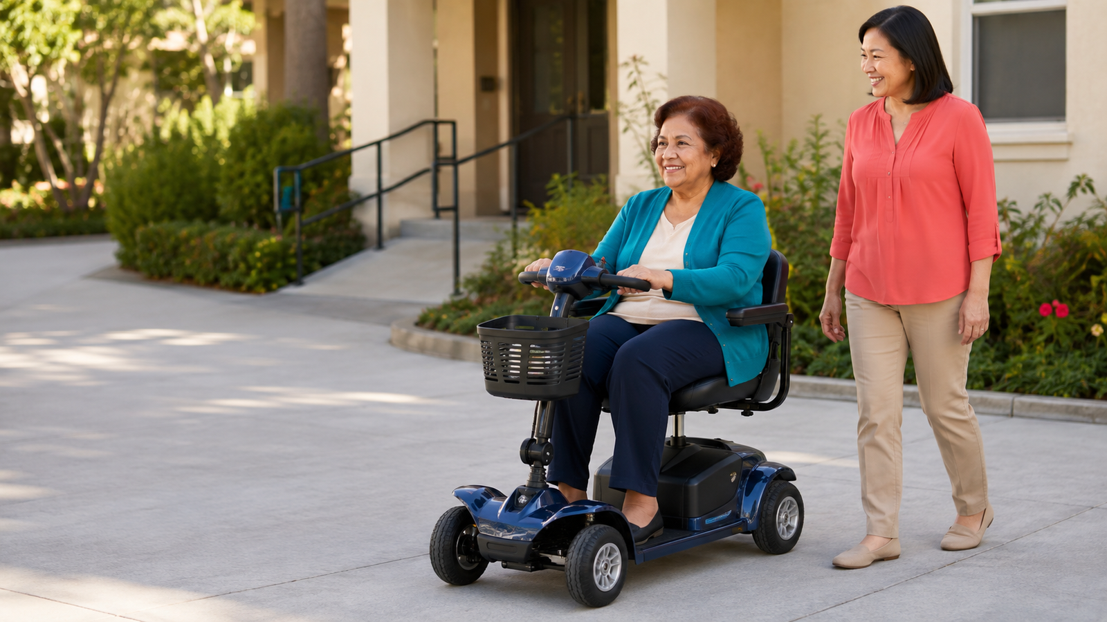 Older Latina woman operating a navy four-wheel mobility scooter beside an adult family member on an accessible path