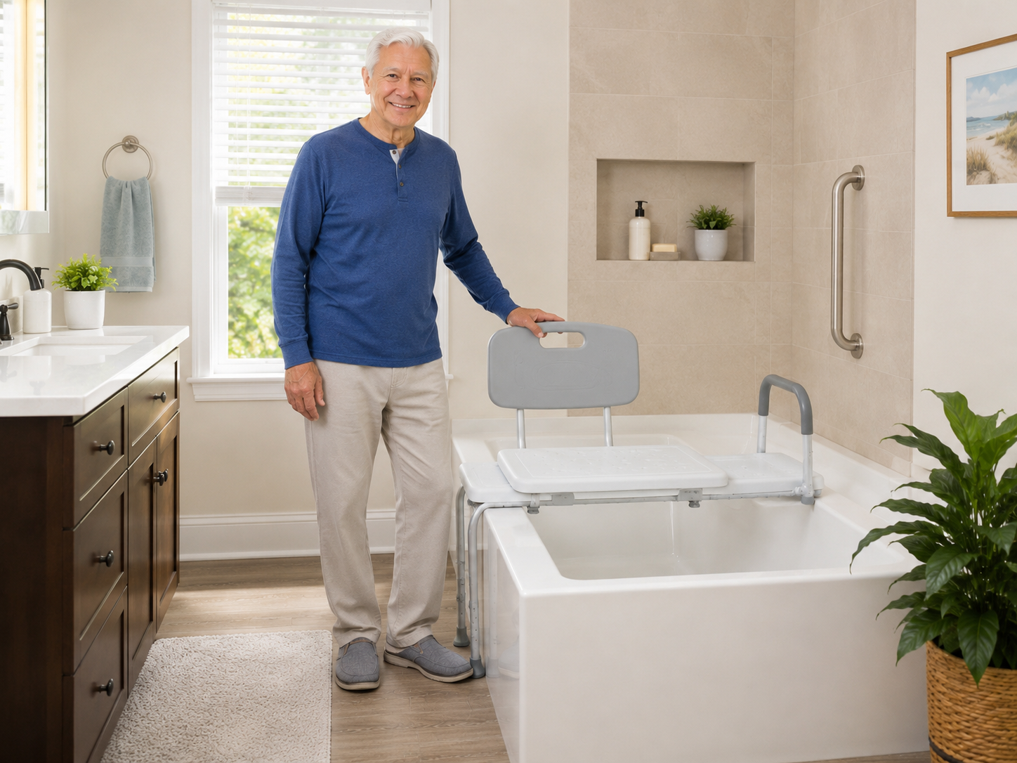 Older adult man in blue long-sleeve shirt and beige pants standing beside a white bathtub with a gray tub transfer bench, smiling at camera, bathroom setting with window, sink, grab bars, and plants visible