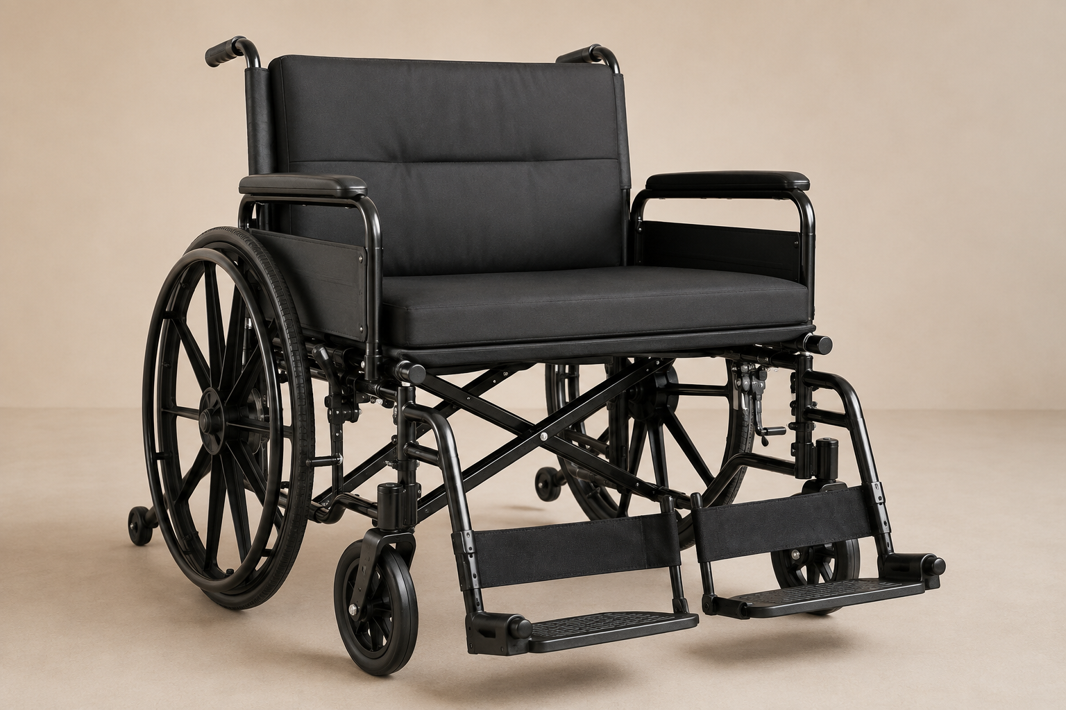 Empty wide heavy-duty manual wheelchair with reinforced frame and large rear wheels