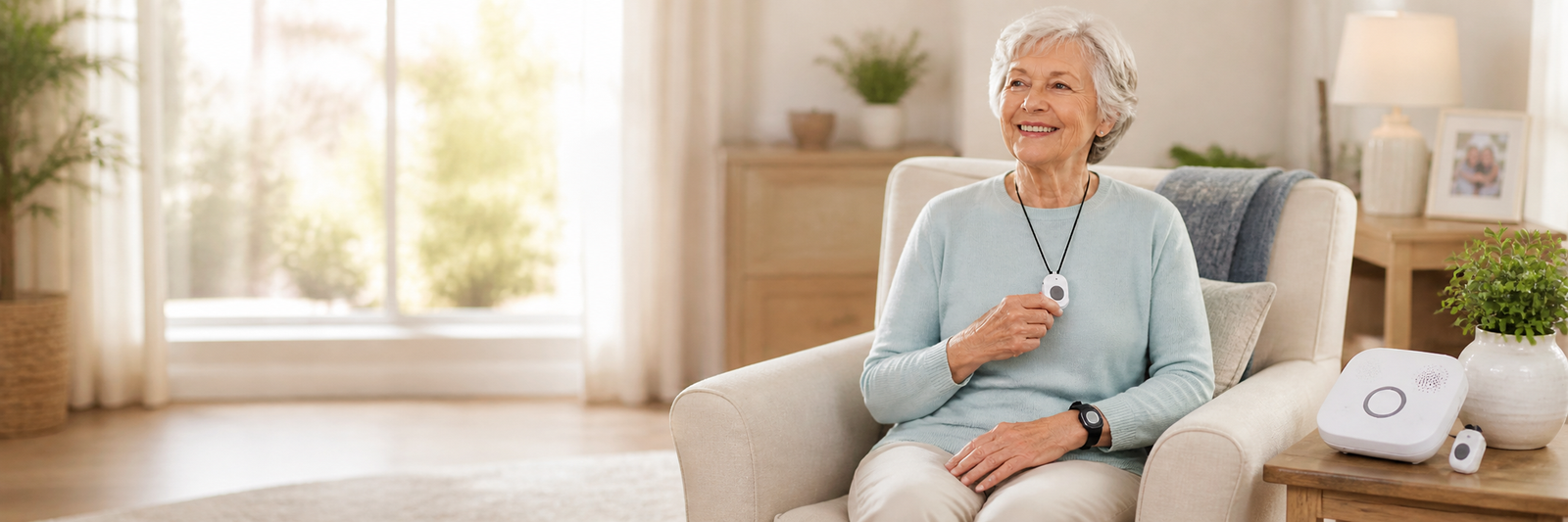 Senior woman in bright living room with safety watch and pendant monitor