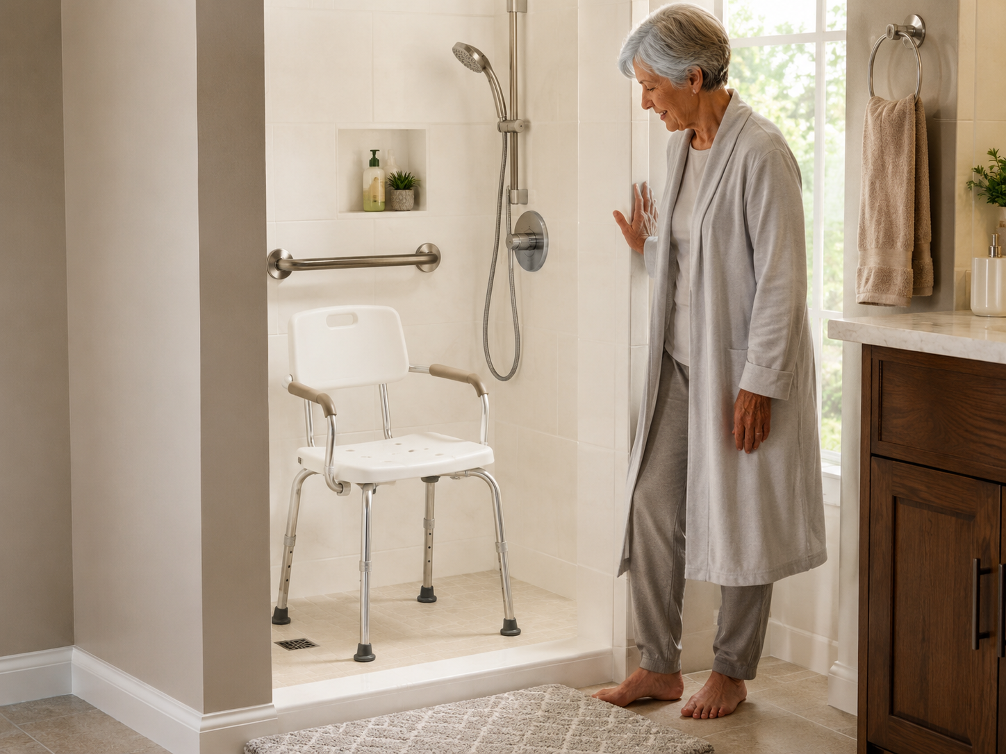 Older woman looking at a white shower chair with grab bars