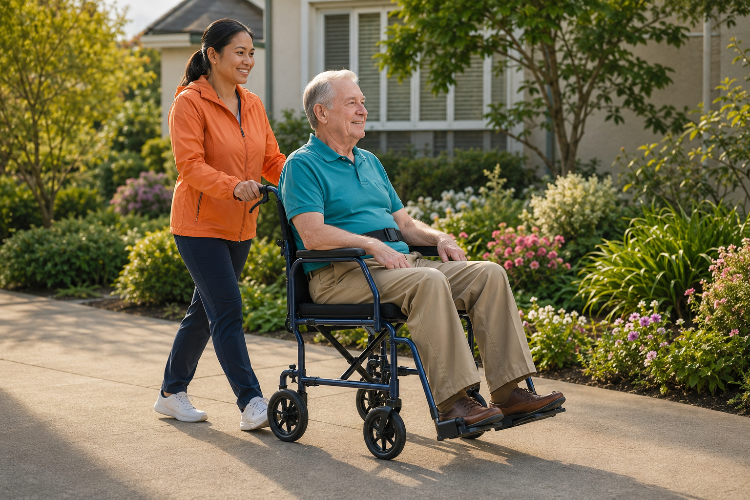 Caregiver pushing an older man in a transport wheelchair on a level walkway