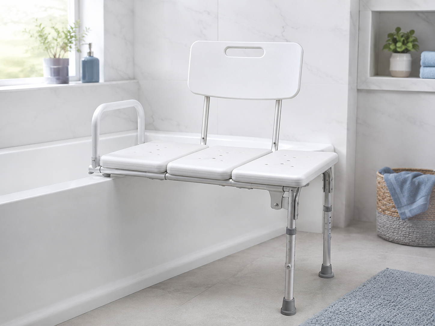 Tub transfer bench with backrest and side handles in bathtub