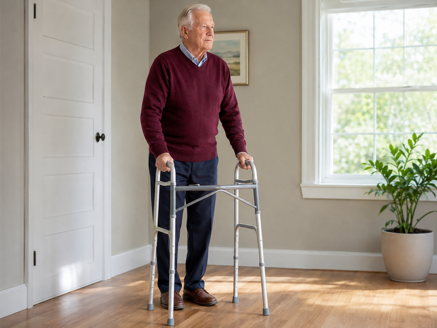 Older white man using a silver standard walker inside a bright home