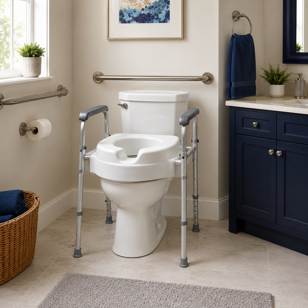 Freestanding toilet safety frame surrounding a standard toilet