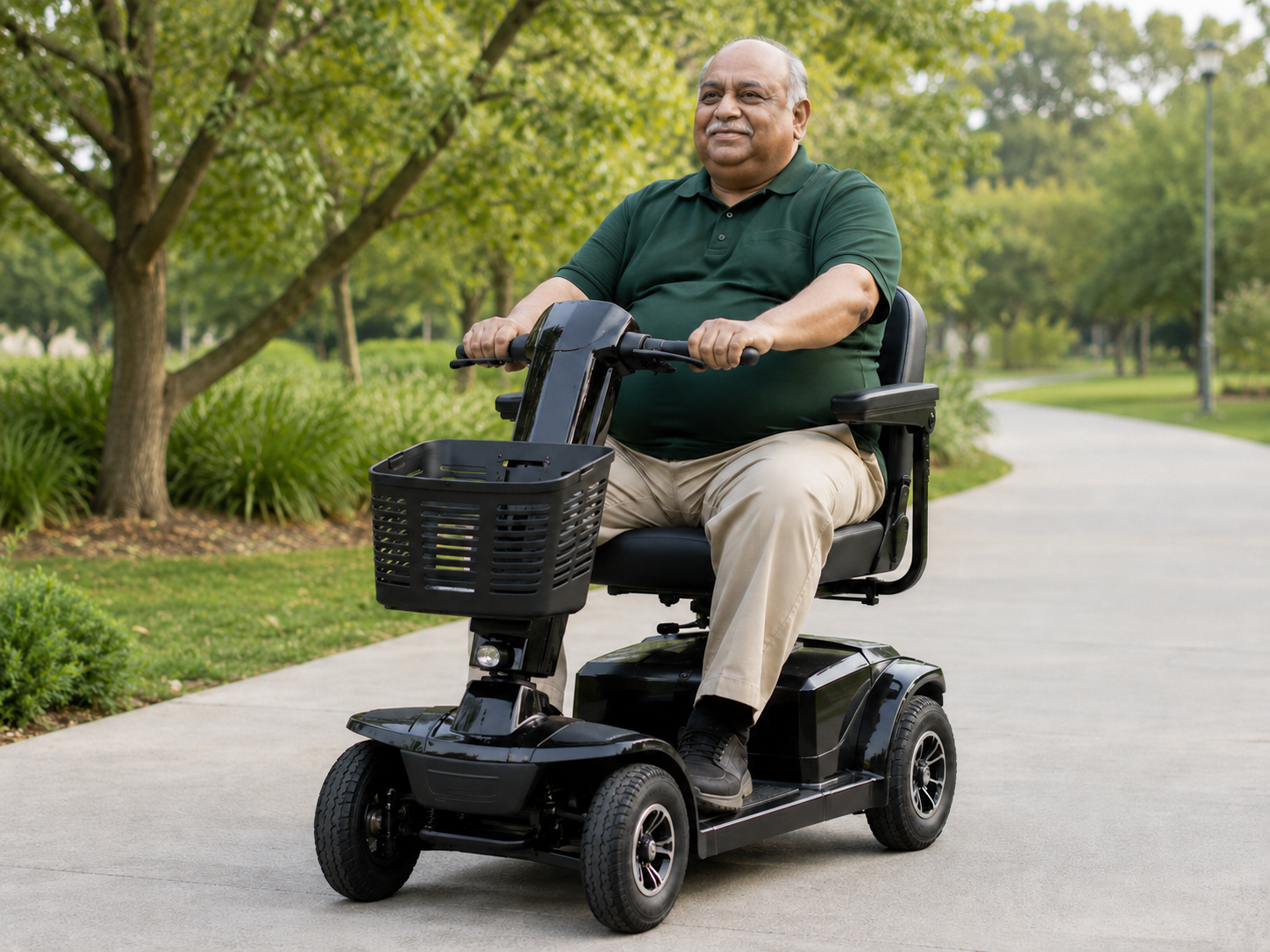 Larger older South Asian man using a black heavy-duty mobility scooter on a level outdoor path