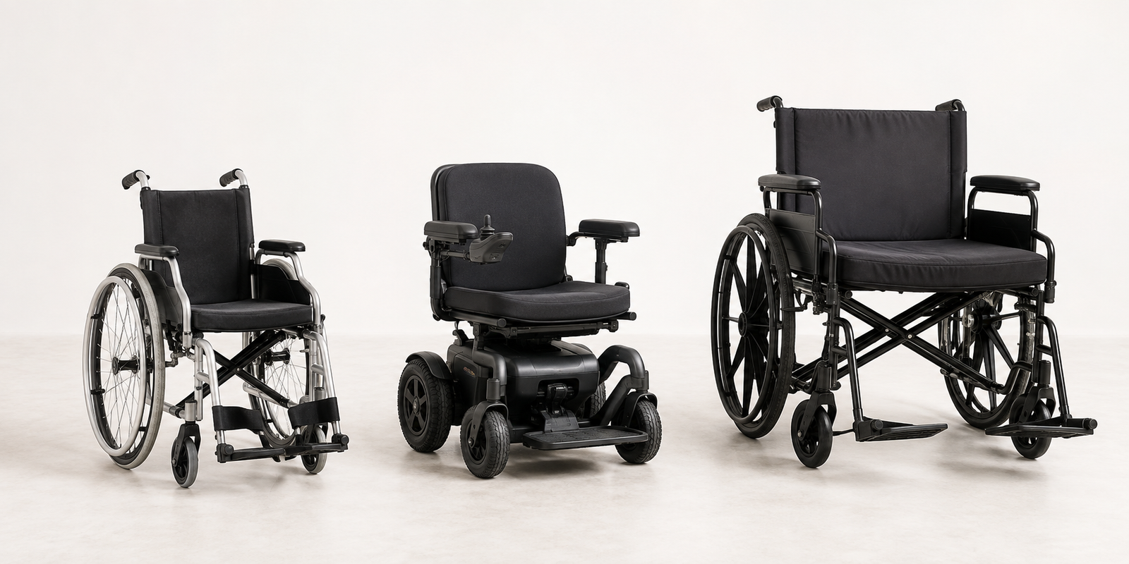 Comparison of compact manual, power, and wide heavy-duty wheelchairs