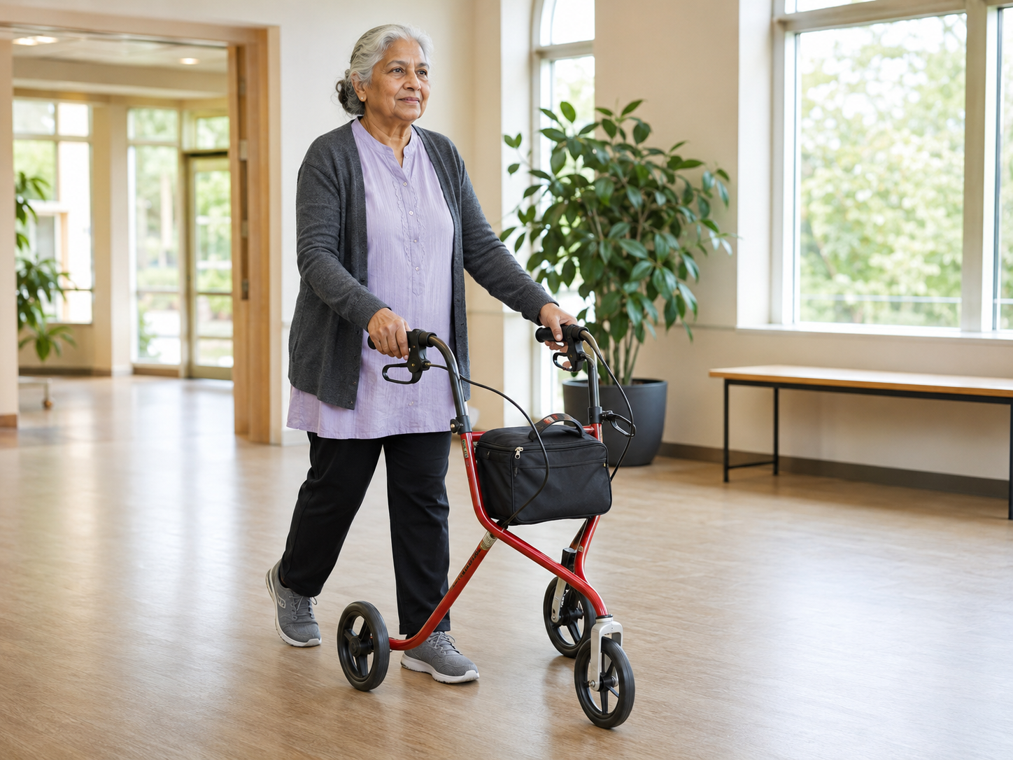 Older South Asian woman using a red three-wheel rollator inside a community center