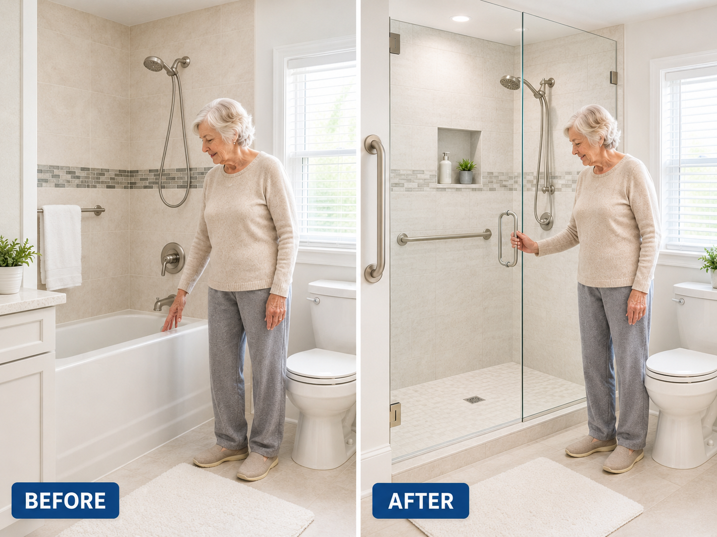 Professional side-by-side conversion showing older woman in traditional bathtub before, and in modern walk-in shower after