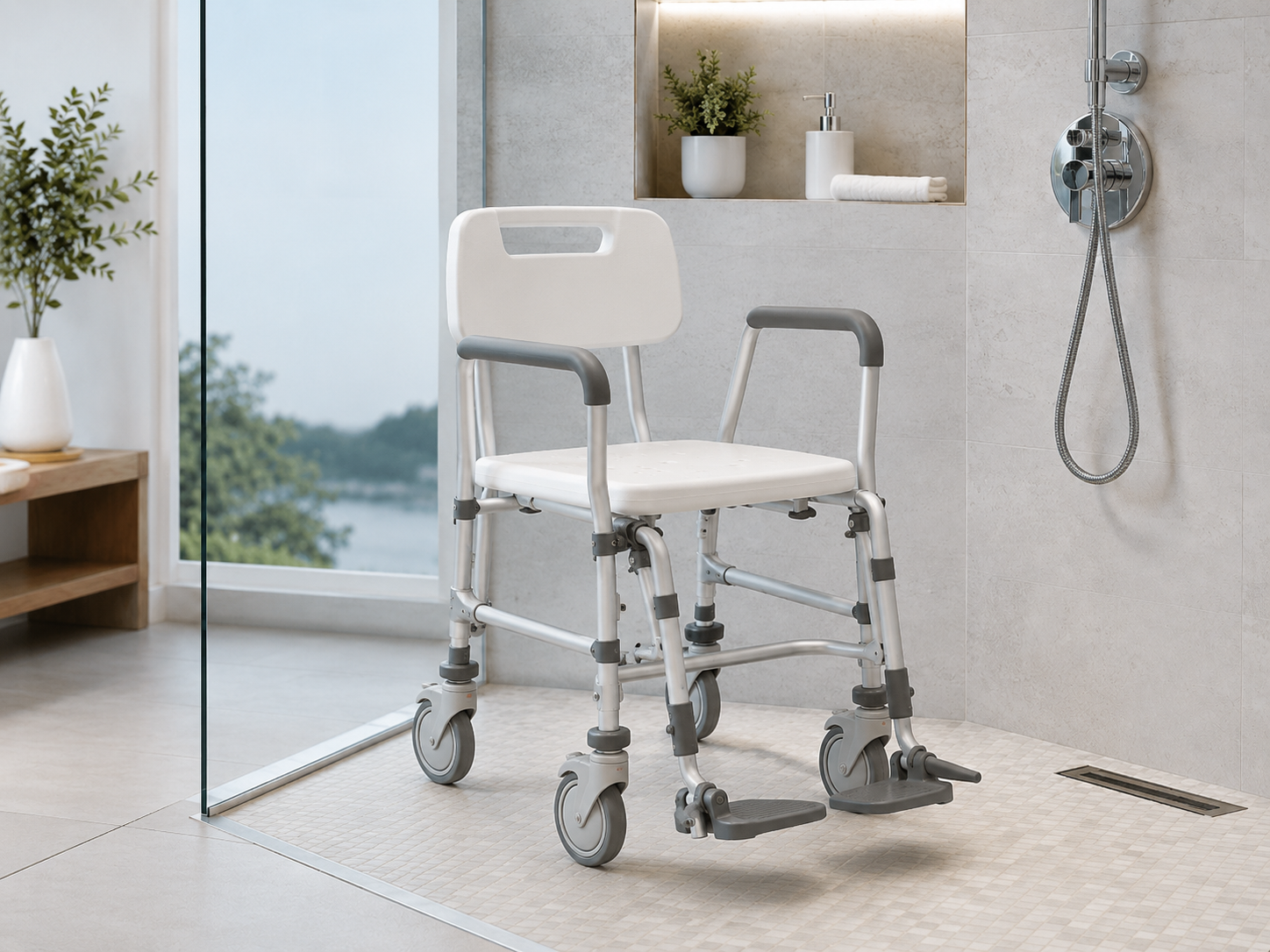 Rolling shower chair with casters