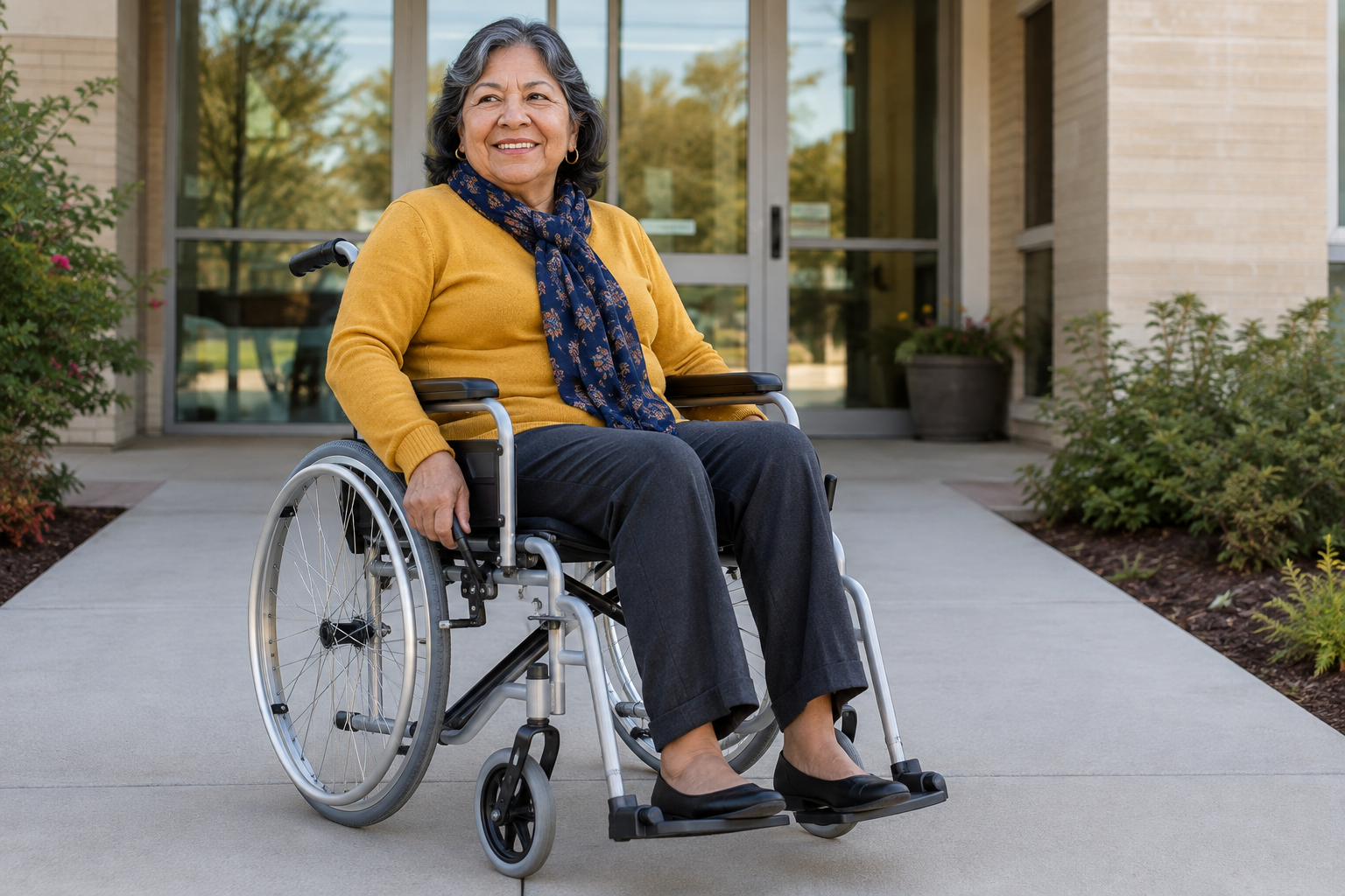 Older woman seated in a lightweight folding manual wheelchair