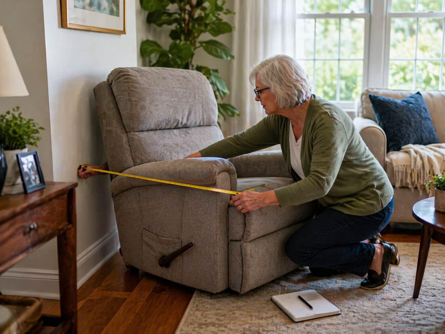 woman kneeling beside a gray lift chair and measuring it with a yellow tape measure