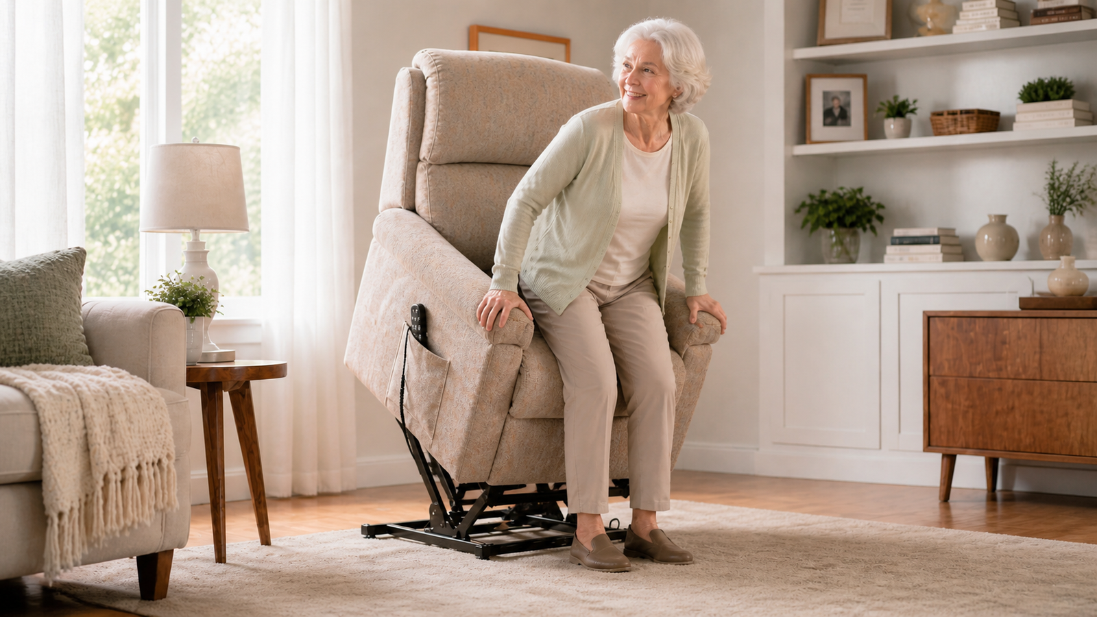 Professional lift chair with senior woman sitting in beige/tan recliner-style lift chair in bright, warm living room