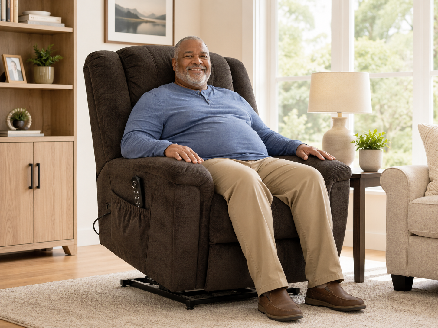 Smiling Black man with gray beard seated comfortably in dark brown lift chair in bright living room