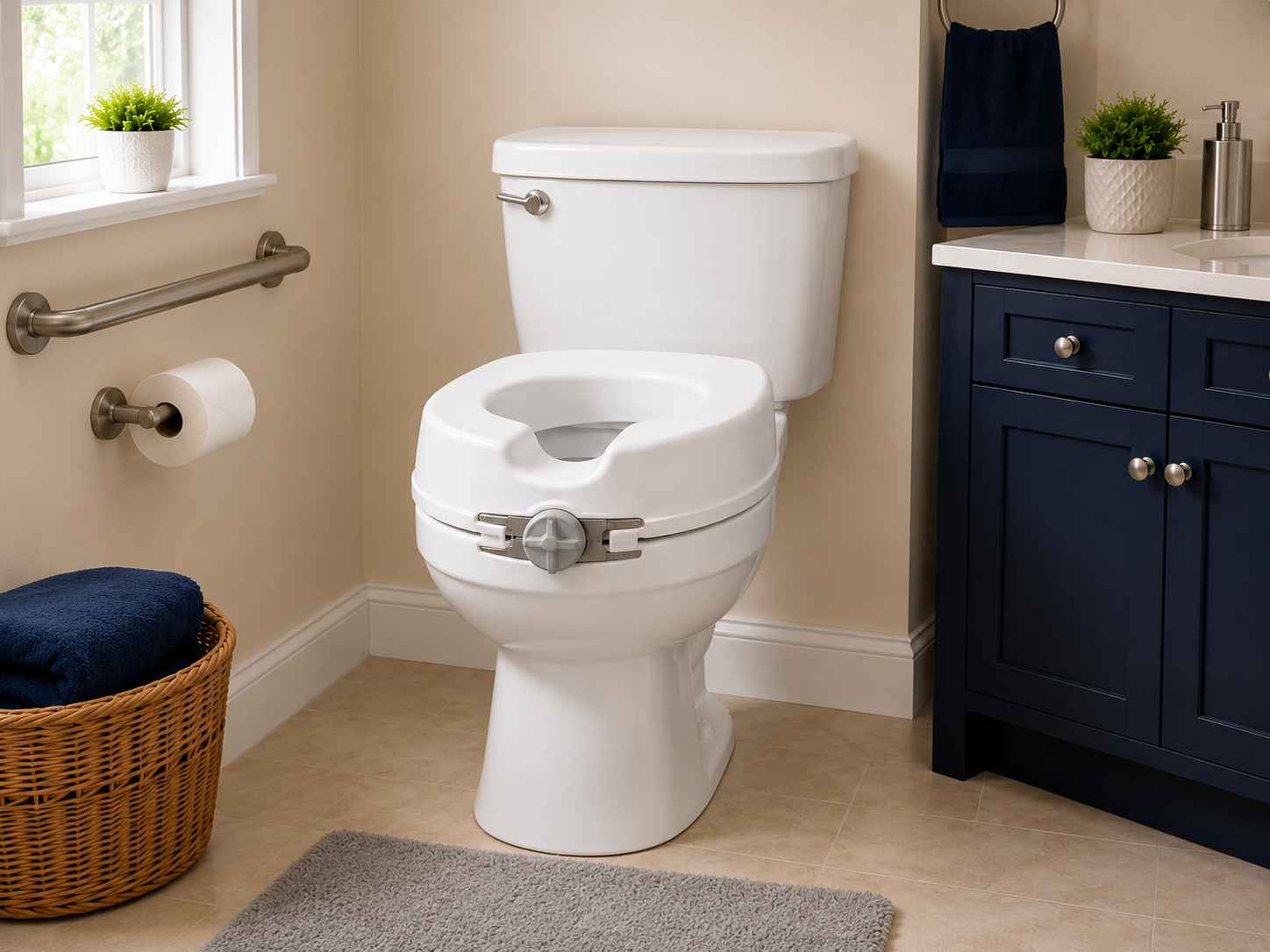 White raised toilet seat with gray metal locking mechanism in clean bathroom with full toilet tank and lid visible