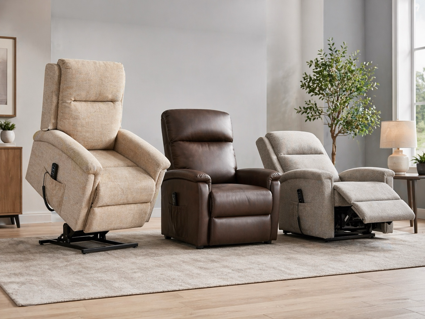 three lift chairs positioned side by side in a living room