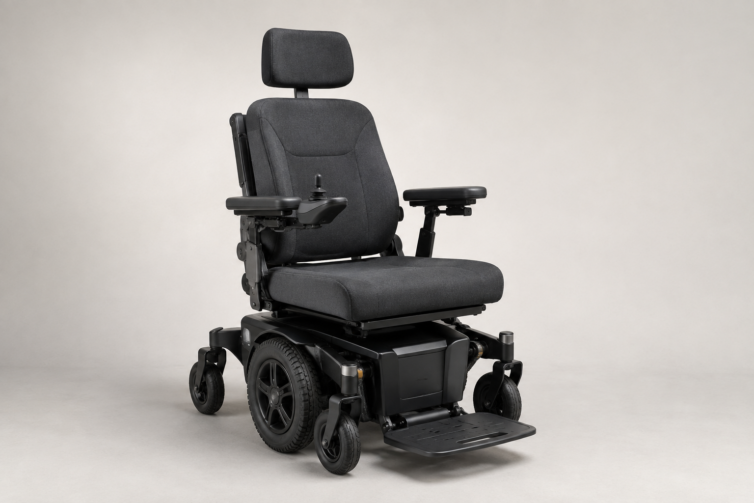Empty compact power wheelchair with joystick and footplate
