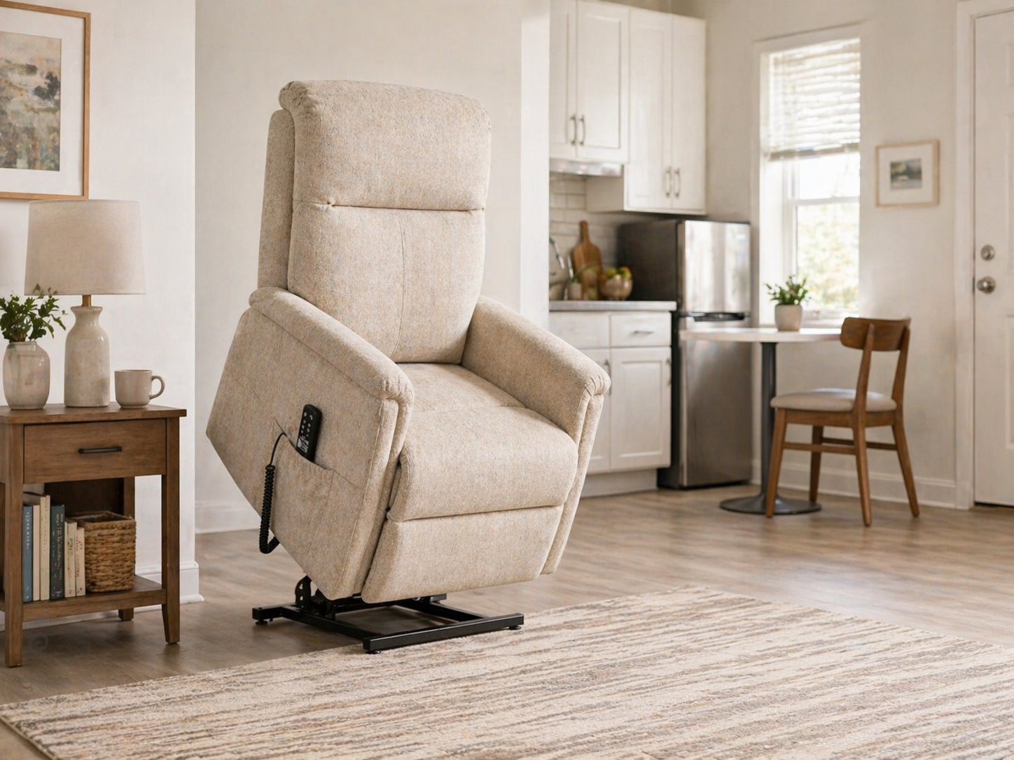 lift chair in foreground with older couple standing together in the room