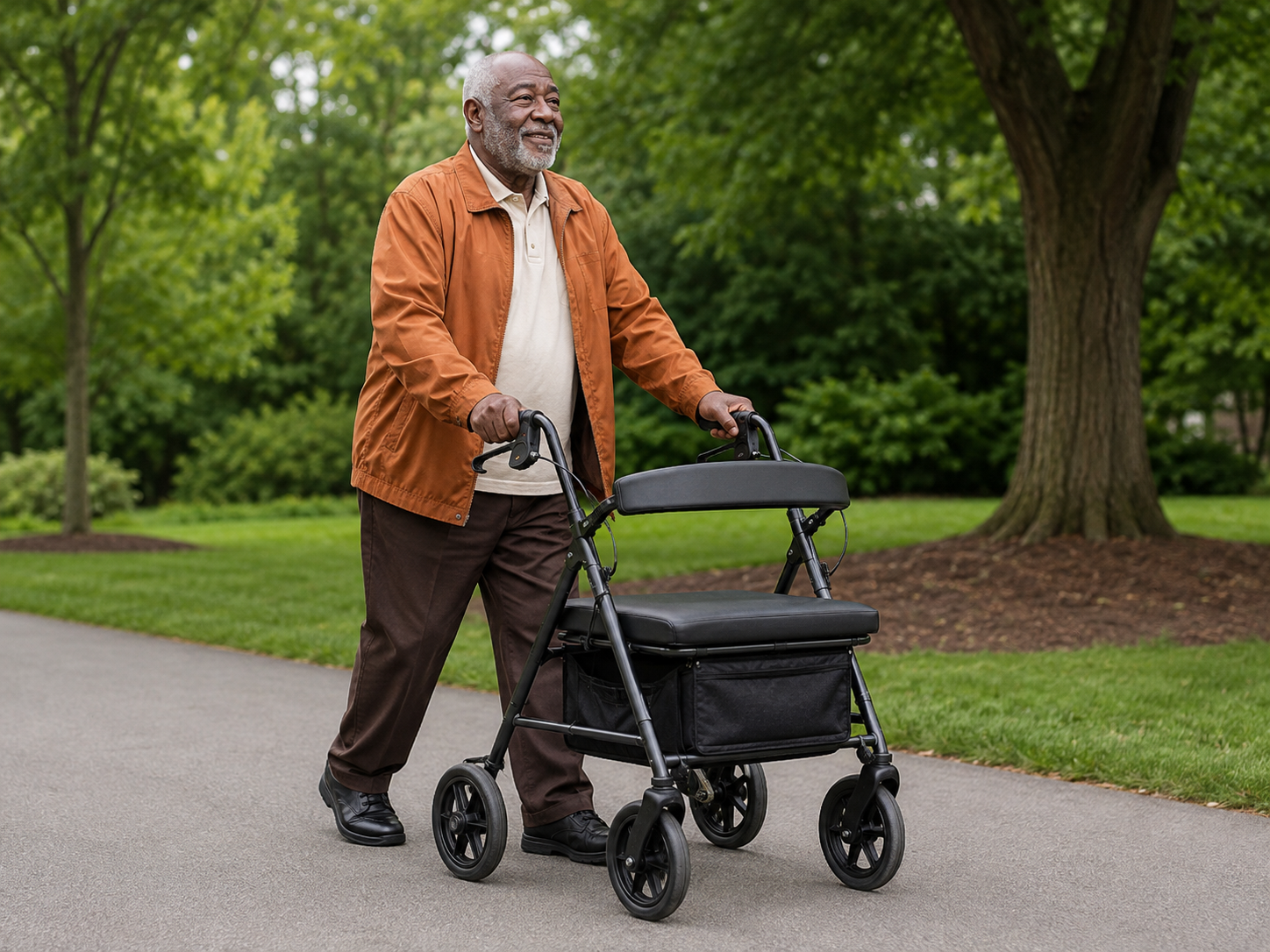 Larger older Black man using a black heavy-duty four-wheel rollator on a level park path