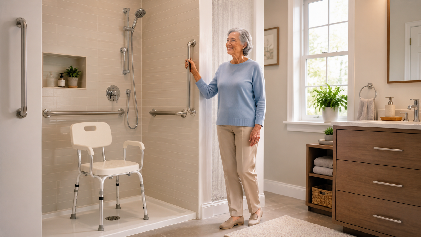 Modern accessible bathroom with an older woman, white shower chair, grab bars