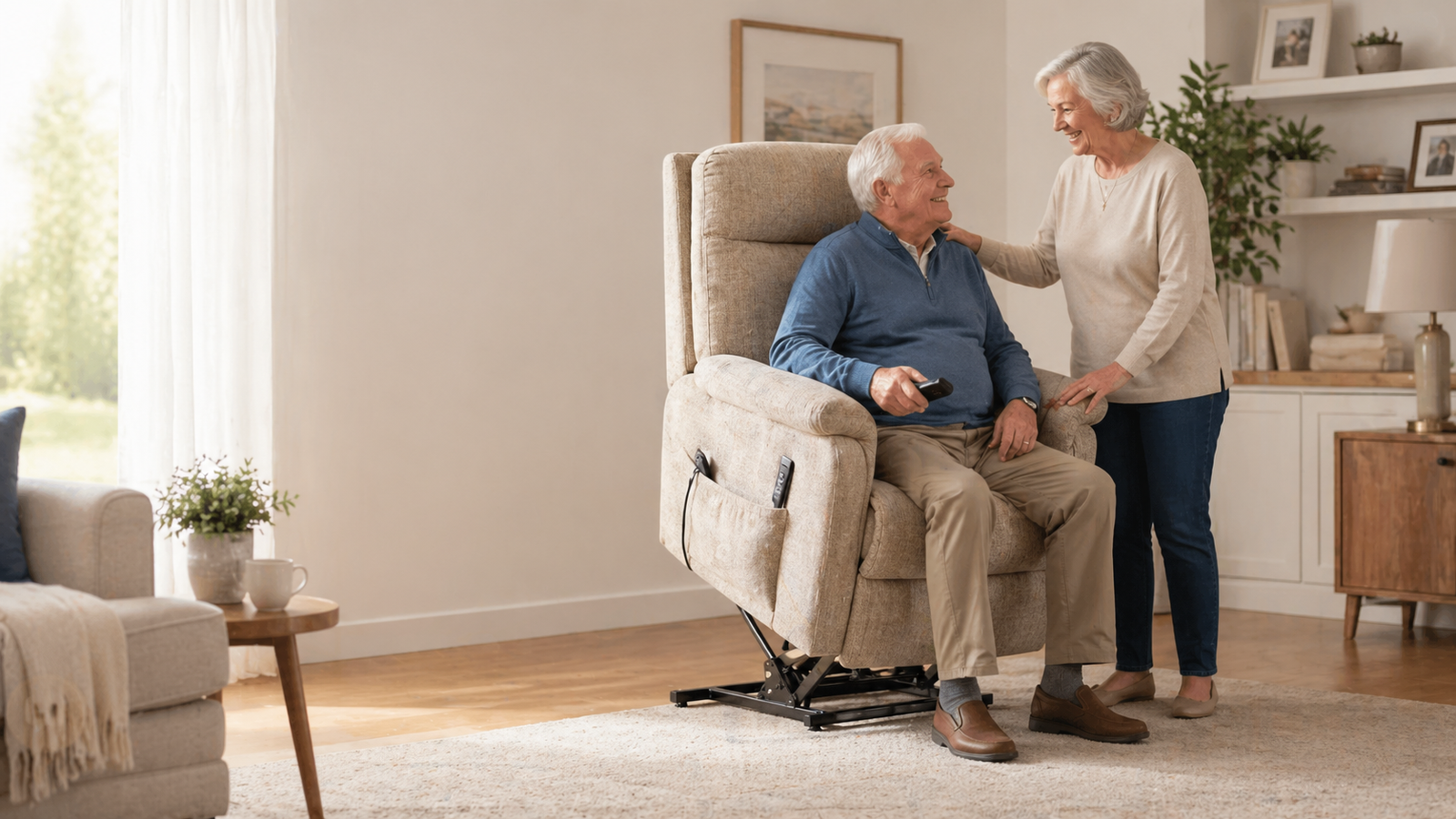 Older couple with man seated in a beige lift chair in a warm home setting