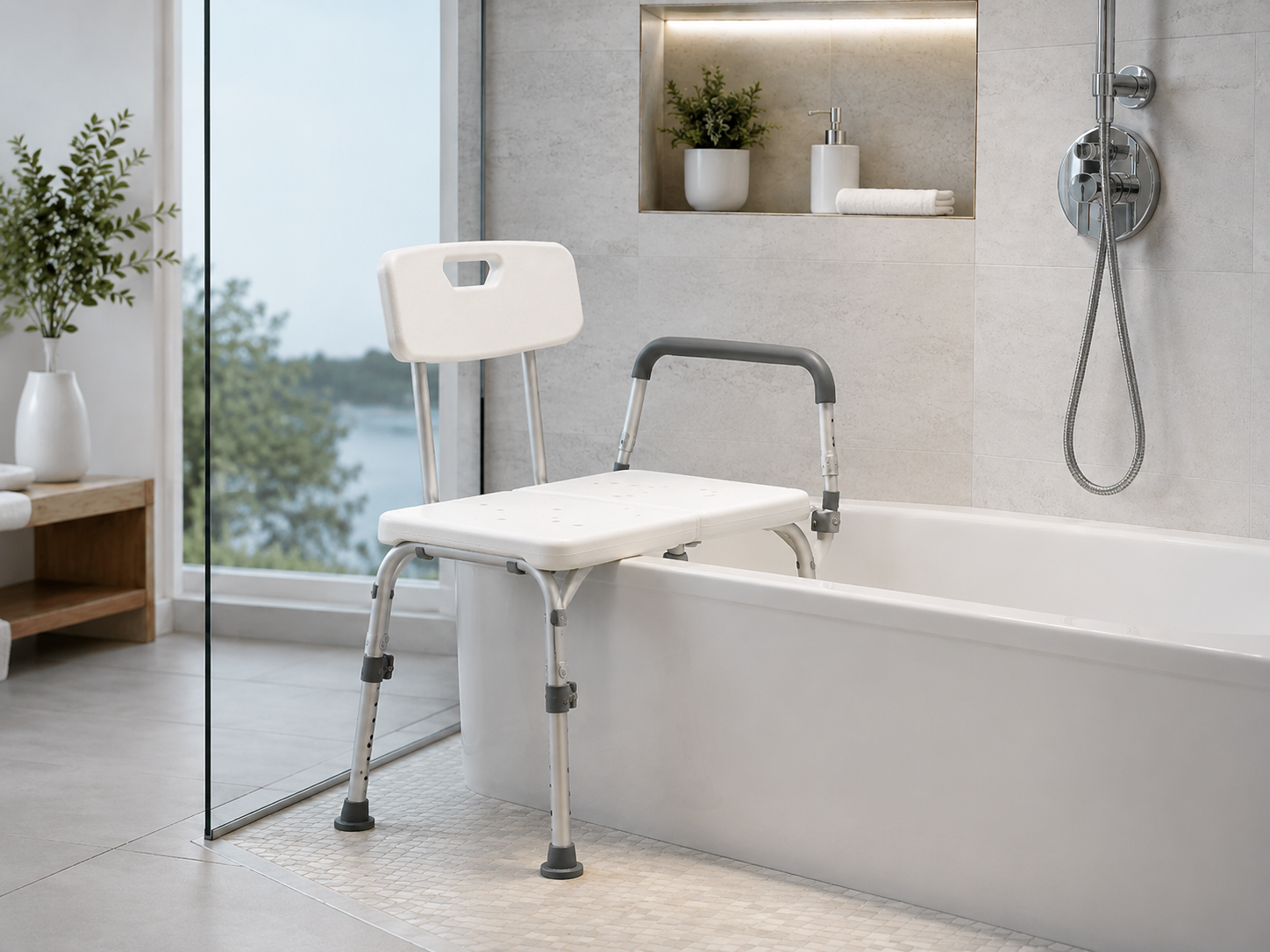 Tub transfer bench extending over bathtub edge