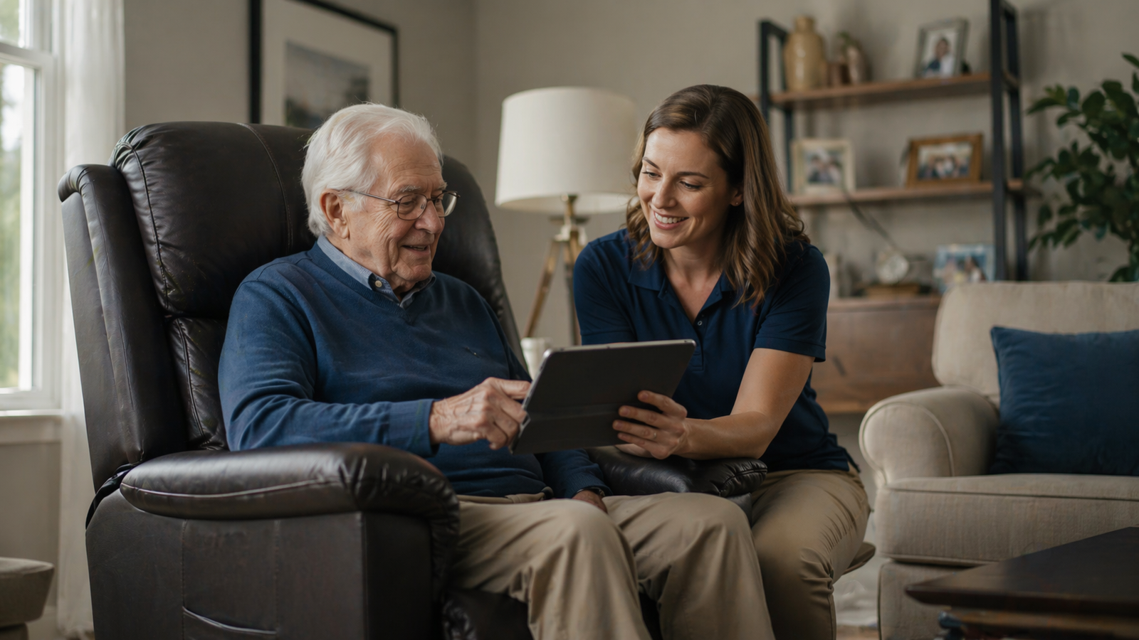 older woman and younger woman reviewing a lift-chair buying guide beside a black lift chair