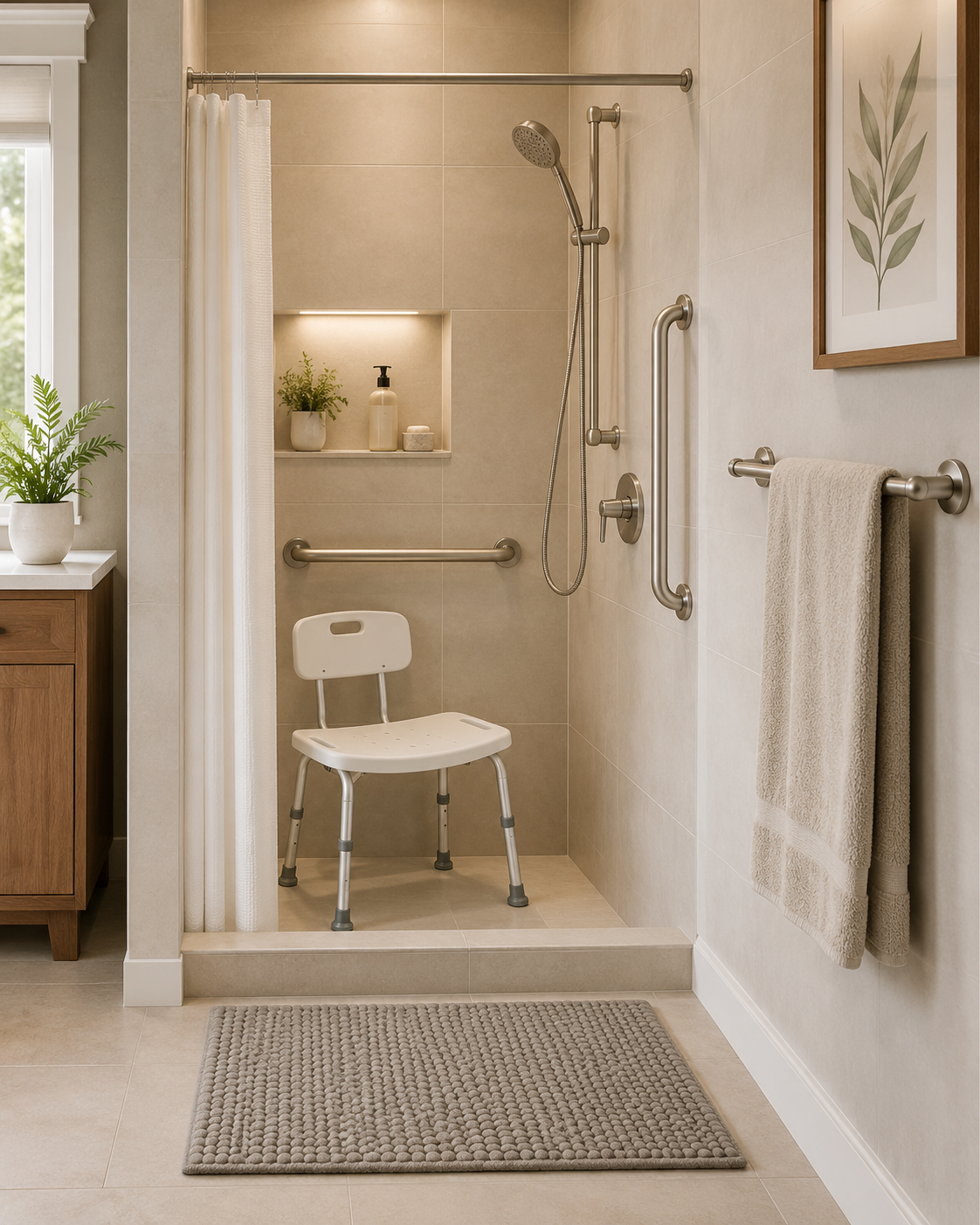 Safe bathroom setup showing properly installed grab bars, handheld showerhead, and non-slip floor mat for senior mobility