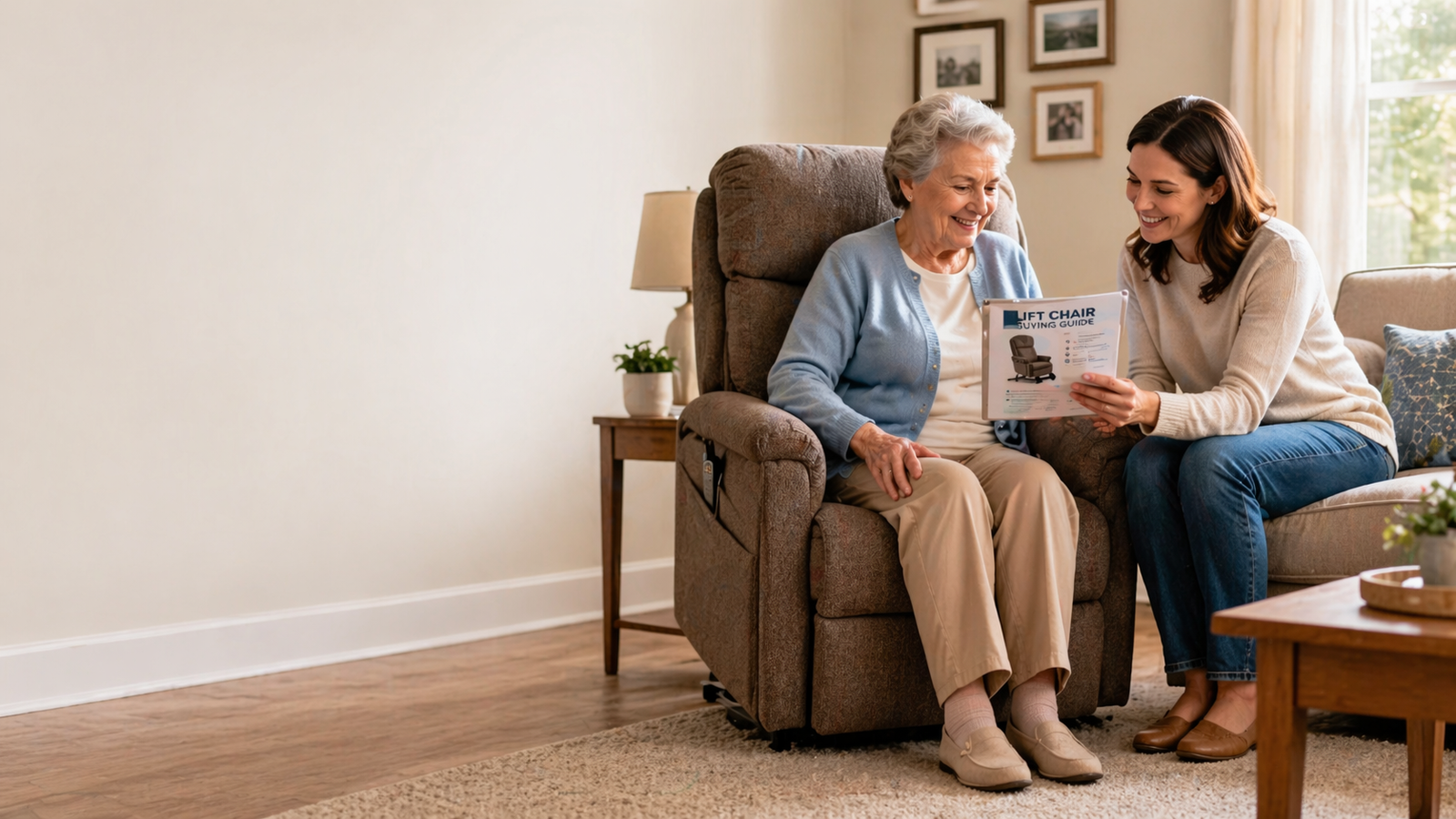 Older man safely rising from a power lift chair with standing assistance