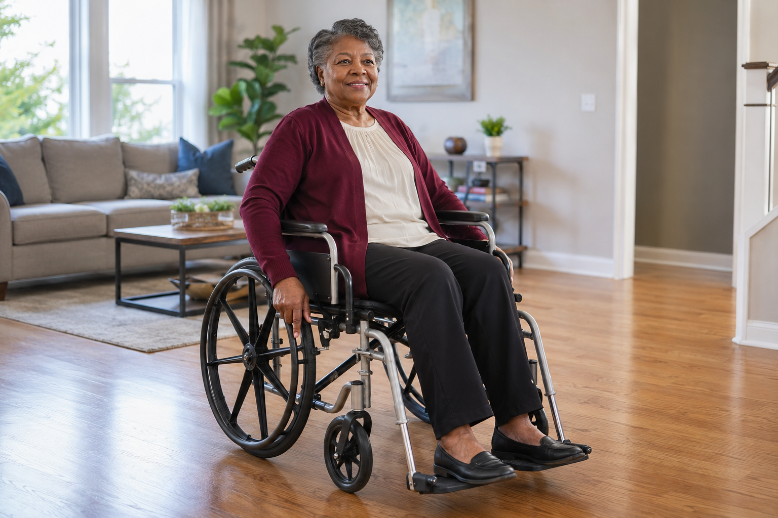 Older woman seated in a standard manual wheelchair in a living room