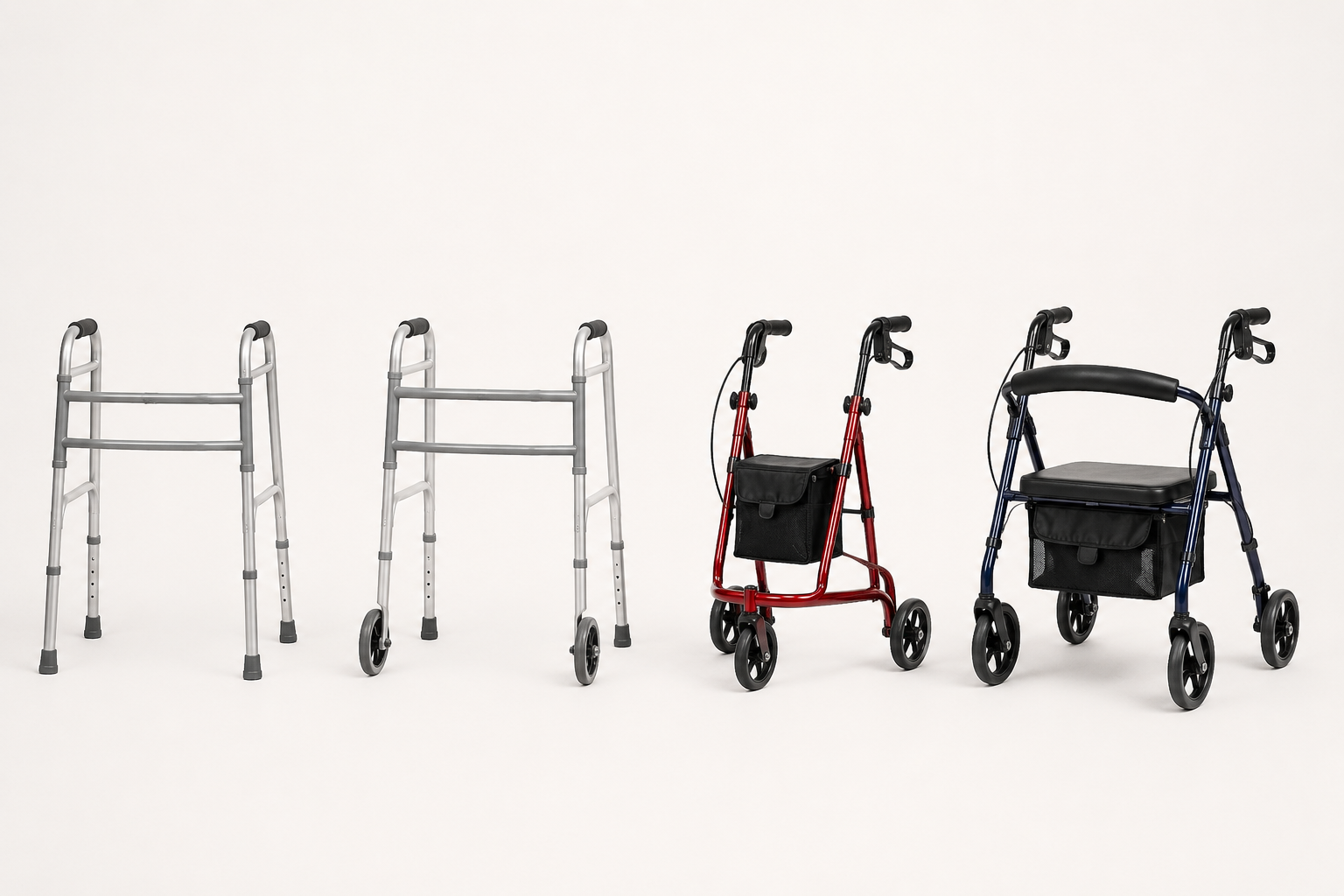 Comparison of a standard walker, two-wheel walker, three-wheel rollator, and four-wheel rollator