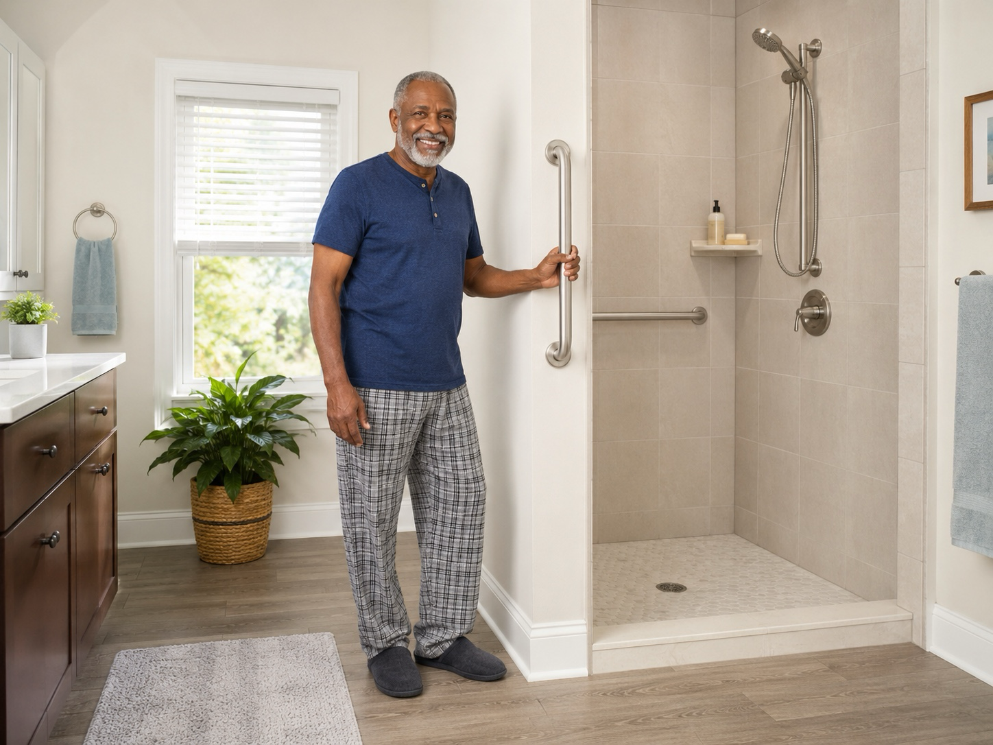 Older Black man in blue shirt and plaid pants standing beside a shower, holding a grab bar, smiling at camera