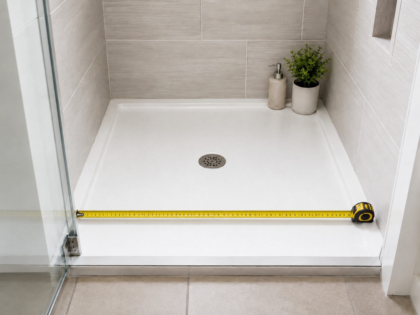 Diagram showing how to measure the flat bottom width of a bathtub for a shower chair