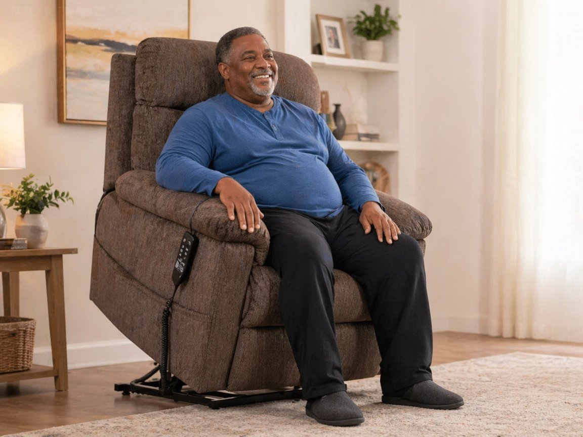 Man seated in dark gray lift chair in reclined position, smiling, in bright living room