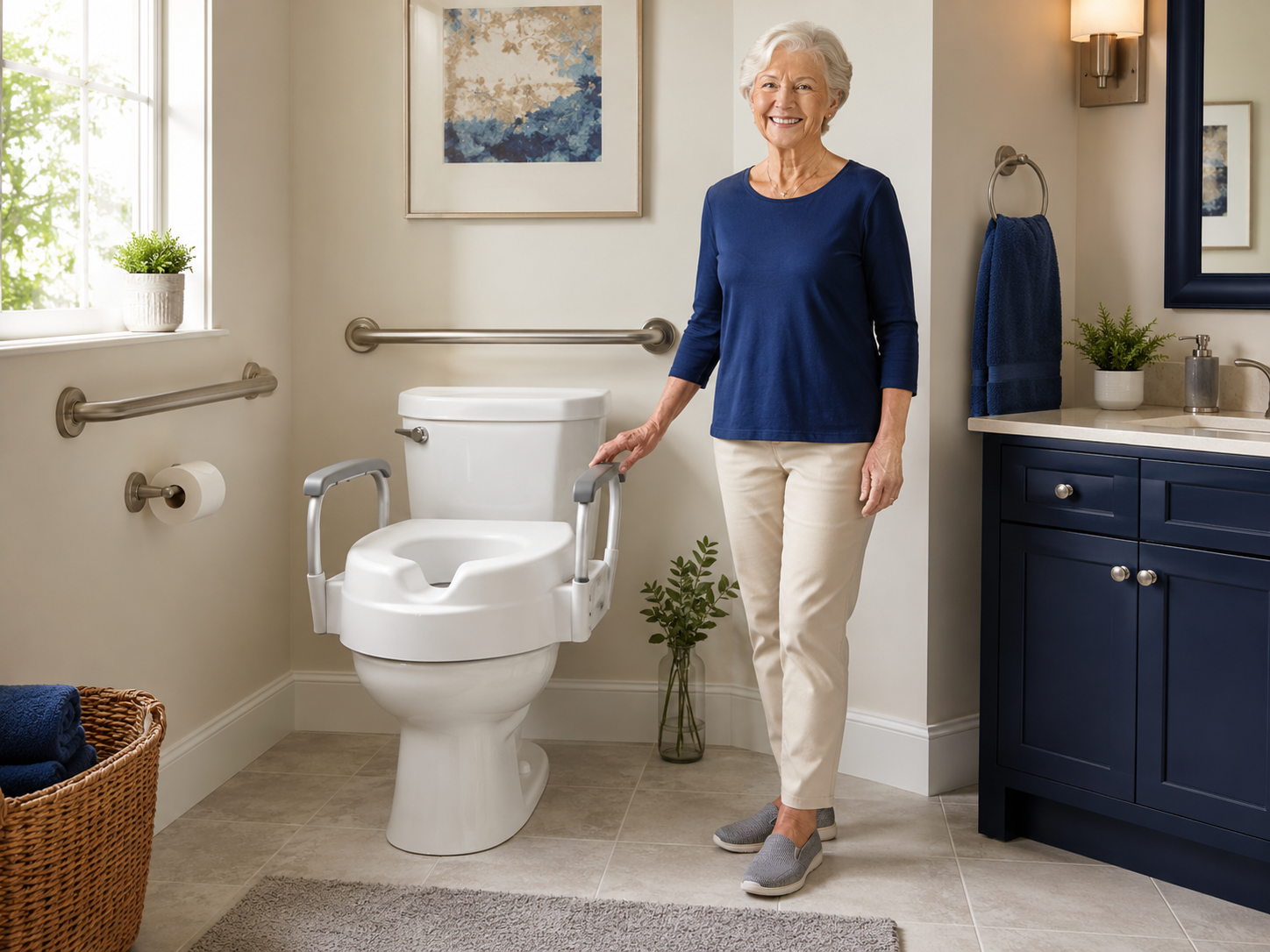 Older woman standing confidently in a bright, modern bathroom with a raised toilet seat equipped with safety arms