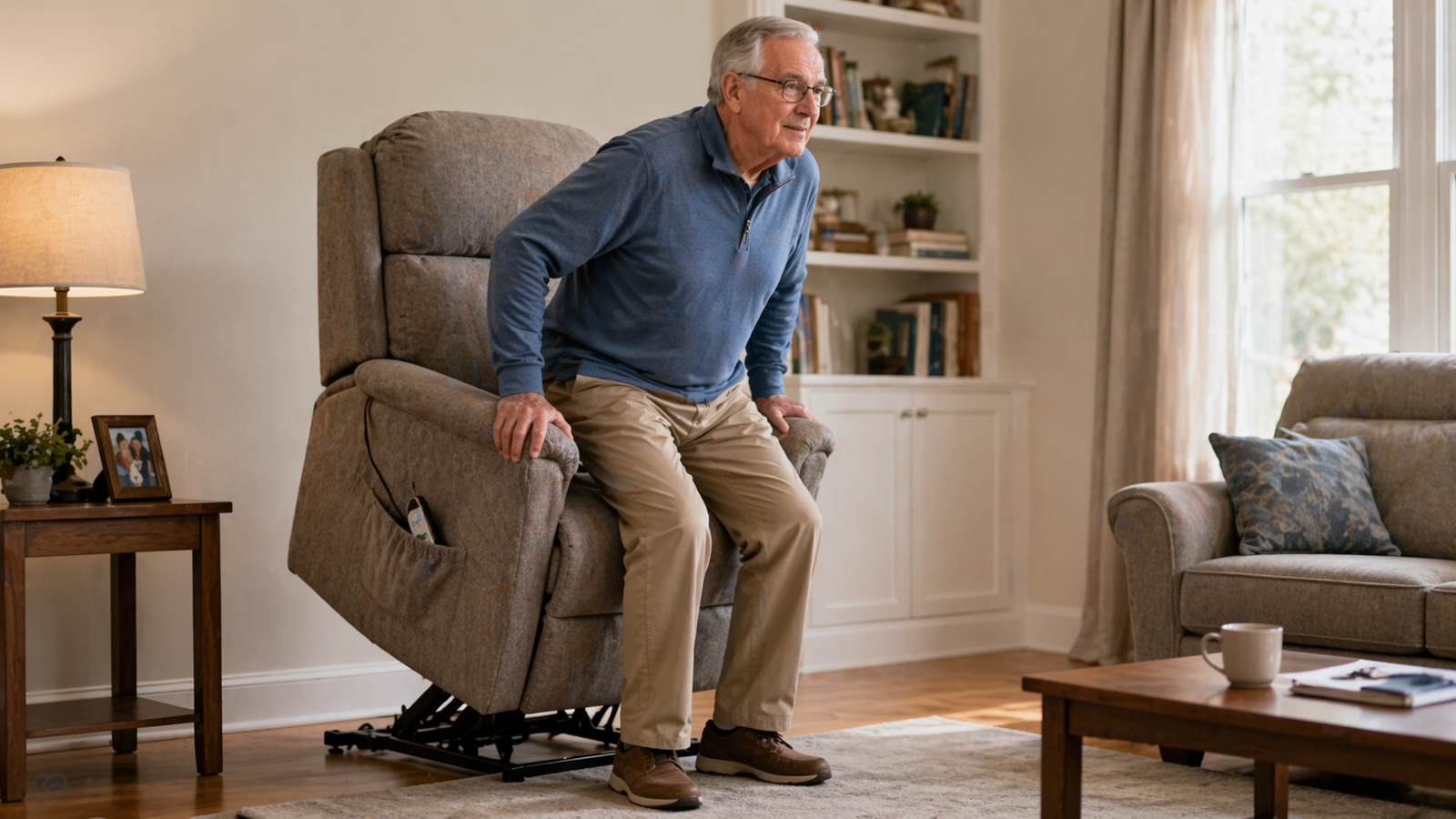 Older woman and helper reviewing information in a comfortable lift chair