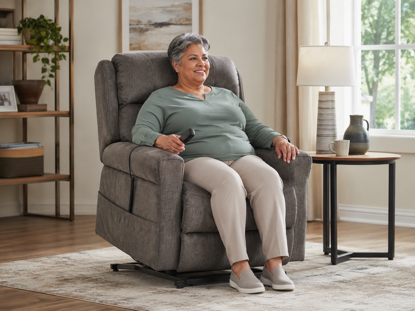 Woman with gray hair seated in dark gray heavy-duty lift chair in upright position, smiling, in bright living room
